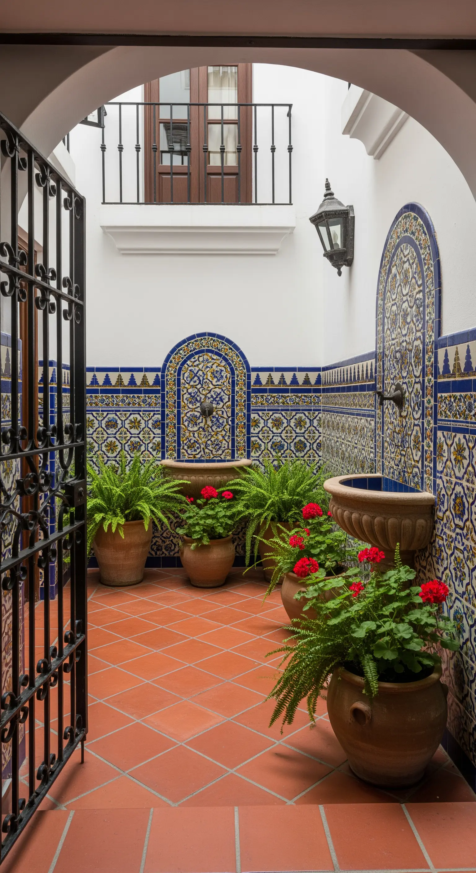 Patio d'ingresso con maioliche andaluse, pavimento in cotto e vasi con gerani.