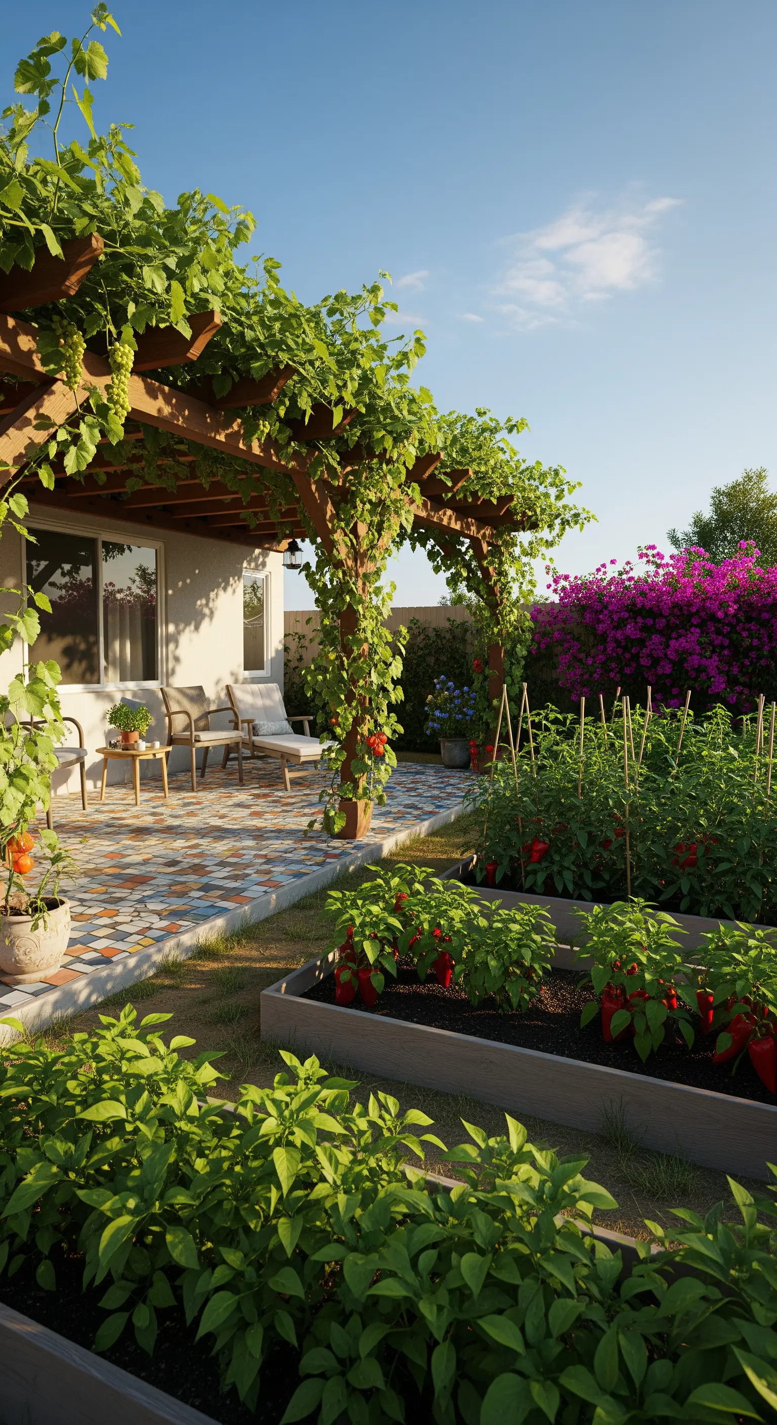Patio con pavimento piastrellato colorato accanto a un orto rialzato, sotto una pergola.