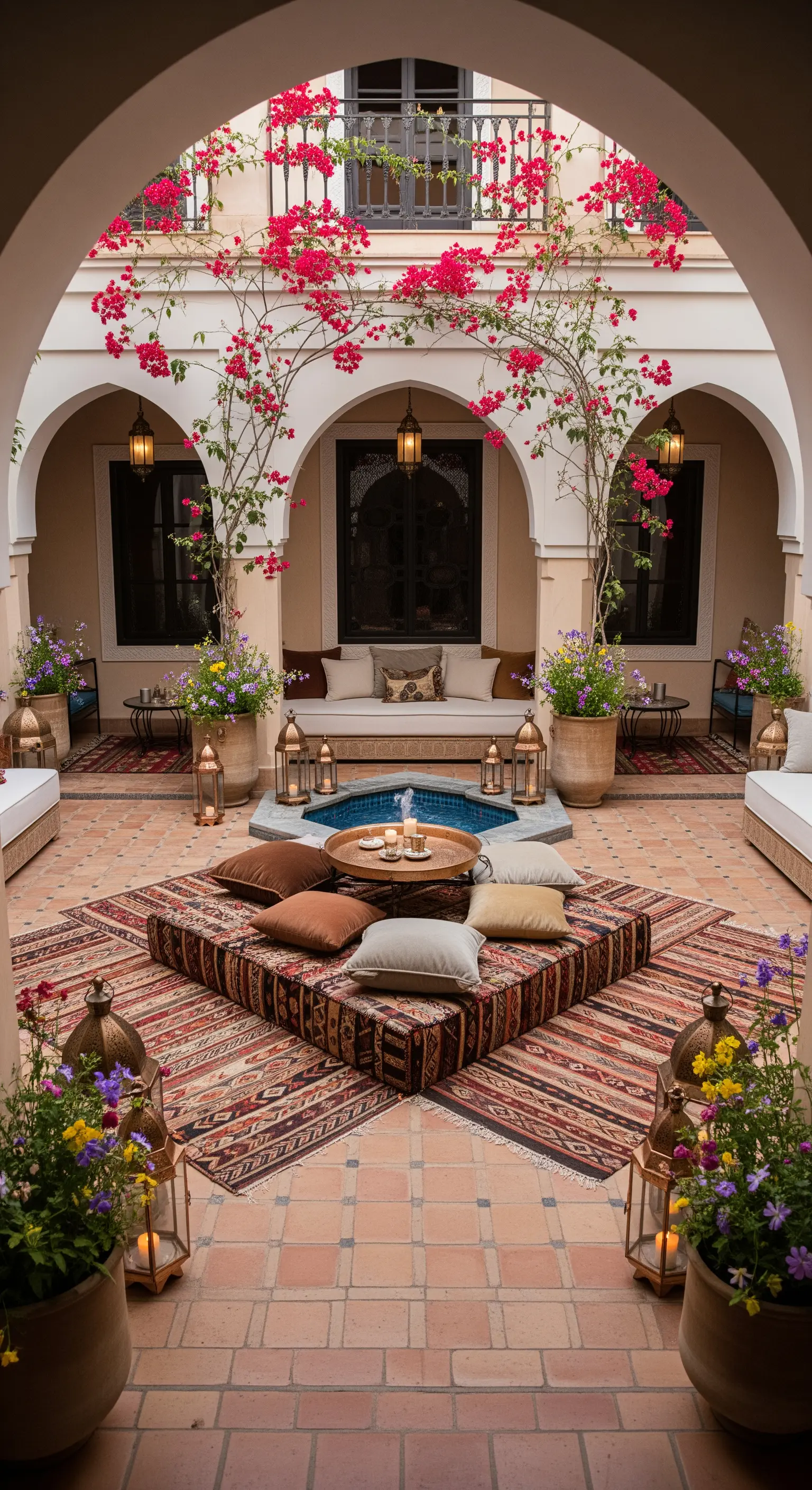 Cortile interno in stile riad con fontana, tappeti kilim sovrapposti e cuscini.