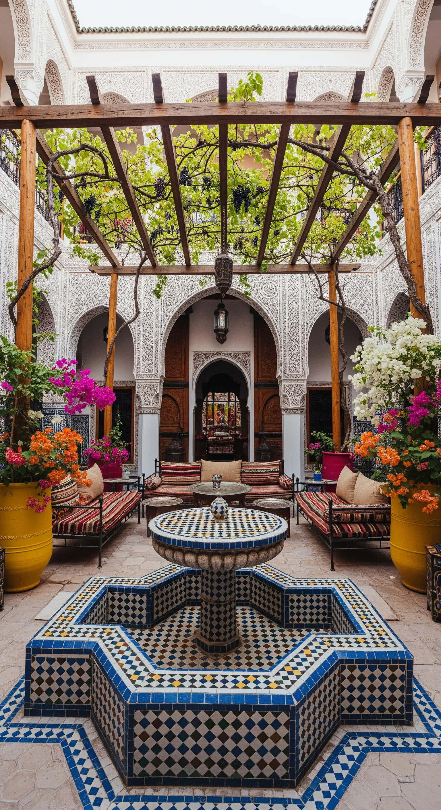 Cortile interno in stile riad con fontana a mosaico, pergola e piante di bouganville.