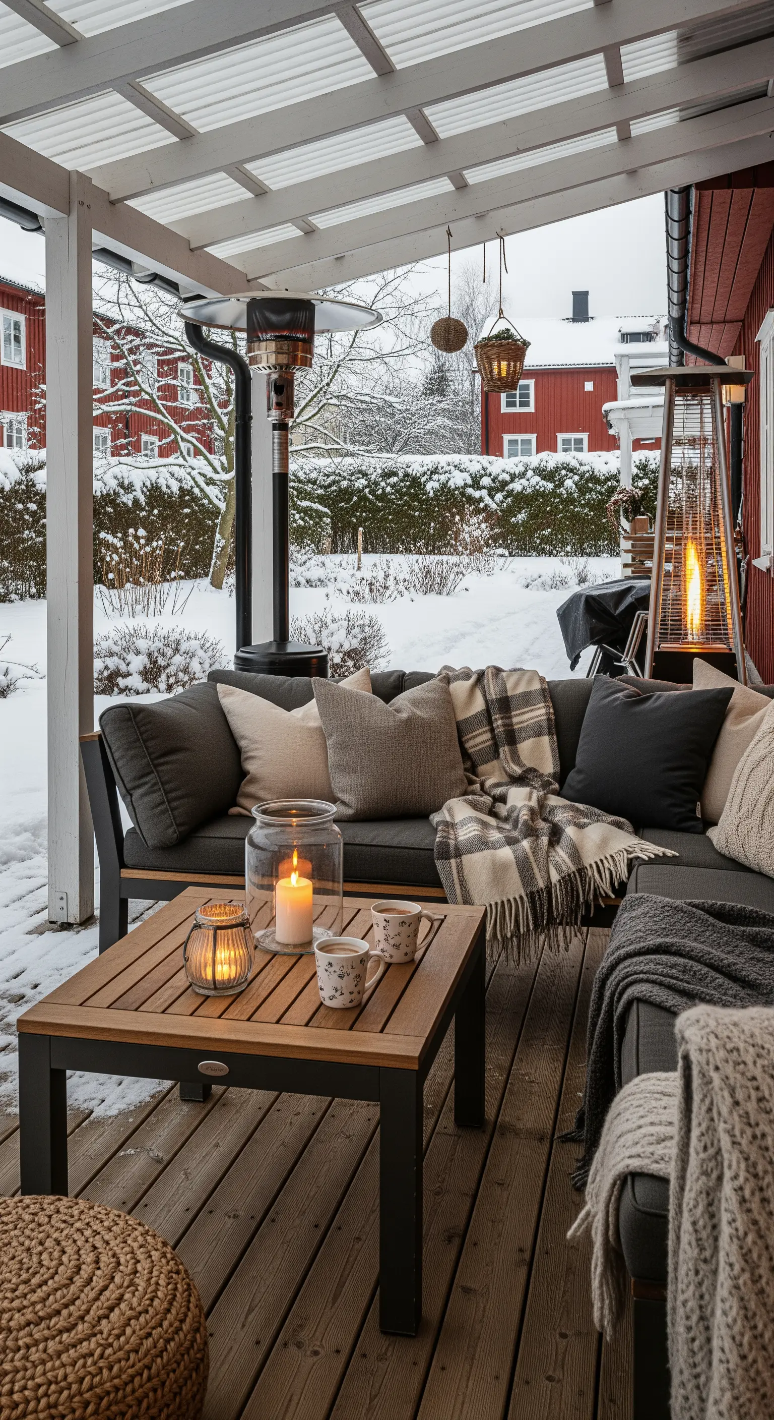 Veranda coperta in inverno con divano scuro, coperte, candele e stufa a fungo.