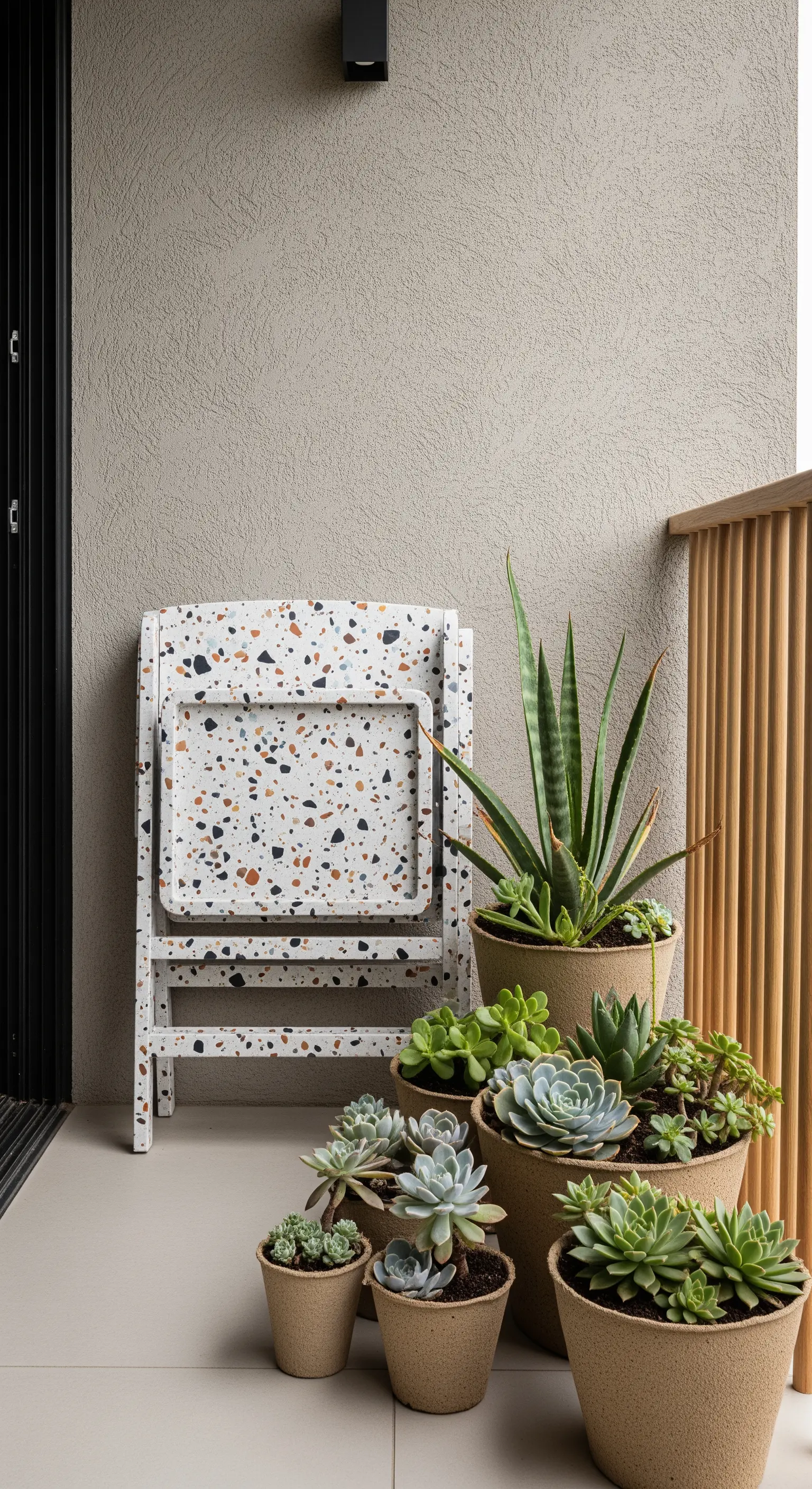 Sedia pieghevole con motivo terrazzo accanto a un gruppo di vasi con piante grasse.