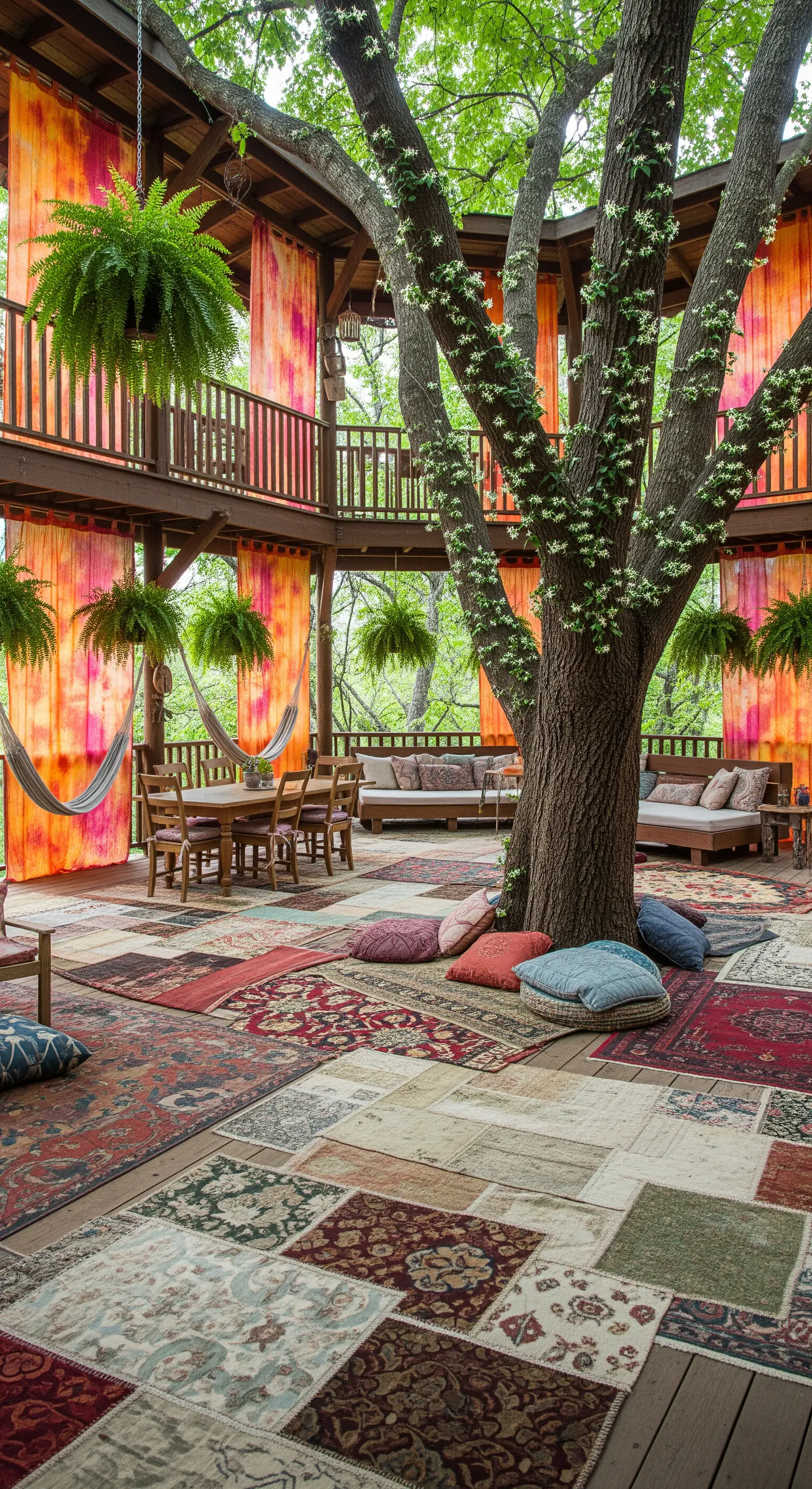 Grande patio su più livelli coperto da un mosaico di tappeti patchwork e circondato da tende colorate.