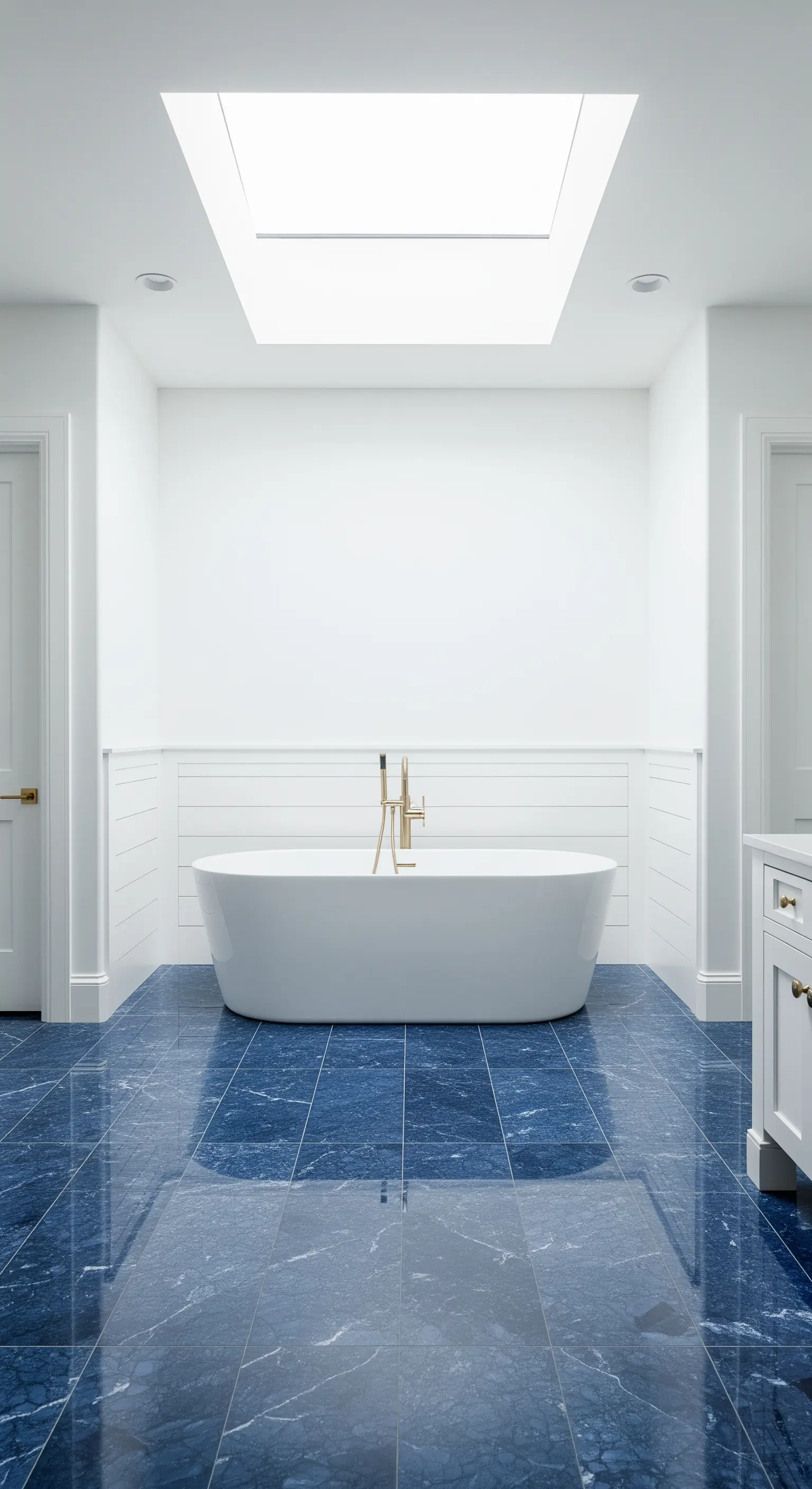 Bagno minimalista con pareti bianche, pavimento in marmo blu e vasca freestanding sotto un lucernario.