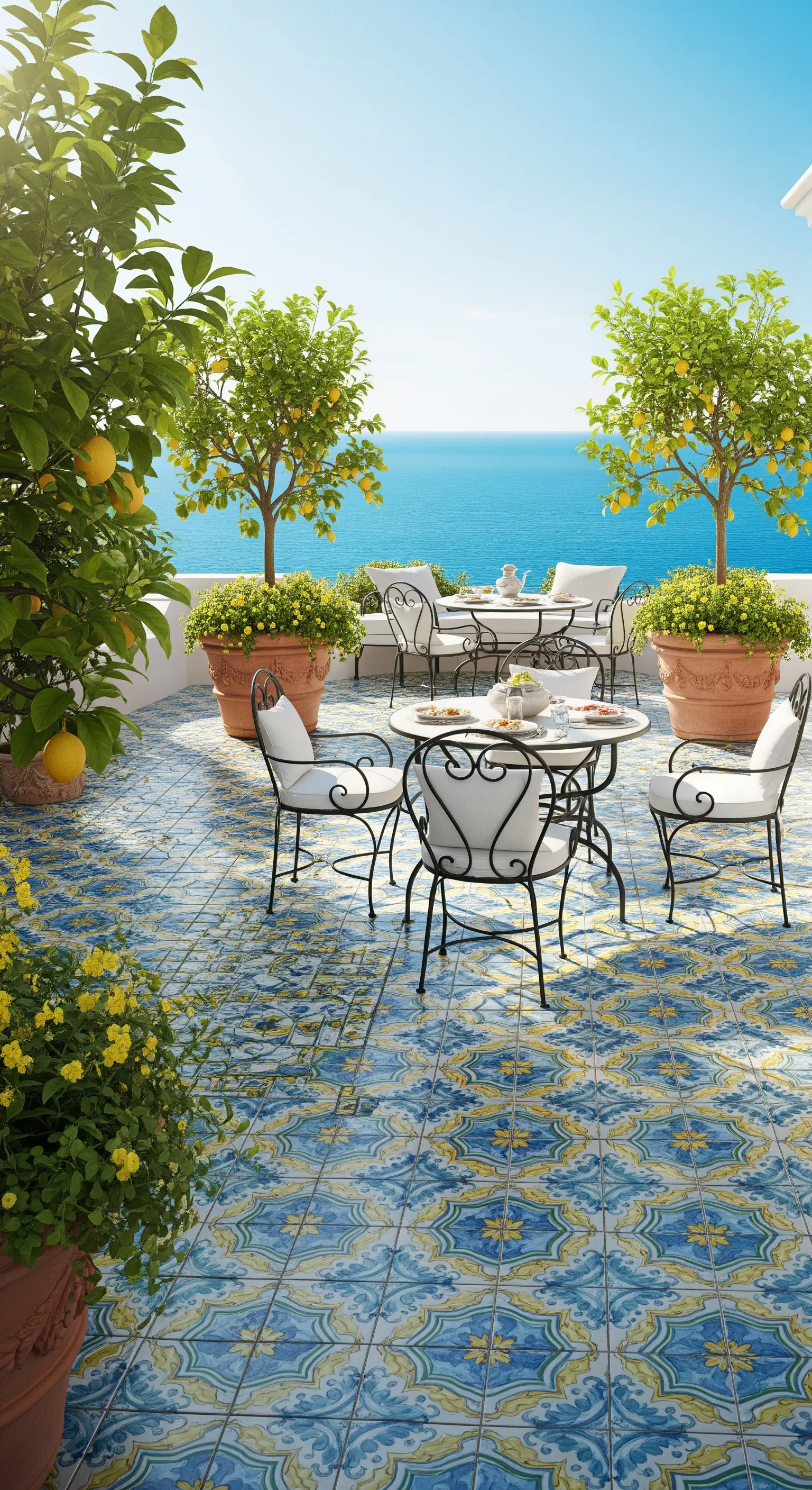 Terrazza con maioliche blu e gialle affacciata sul mare, con tavoli in ferro e vasi di limoni.