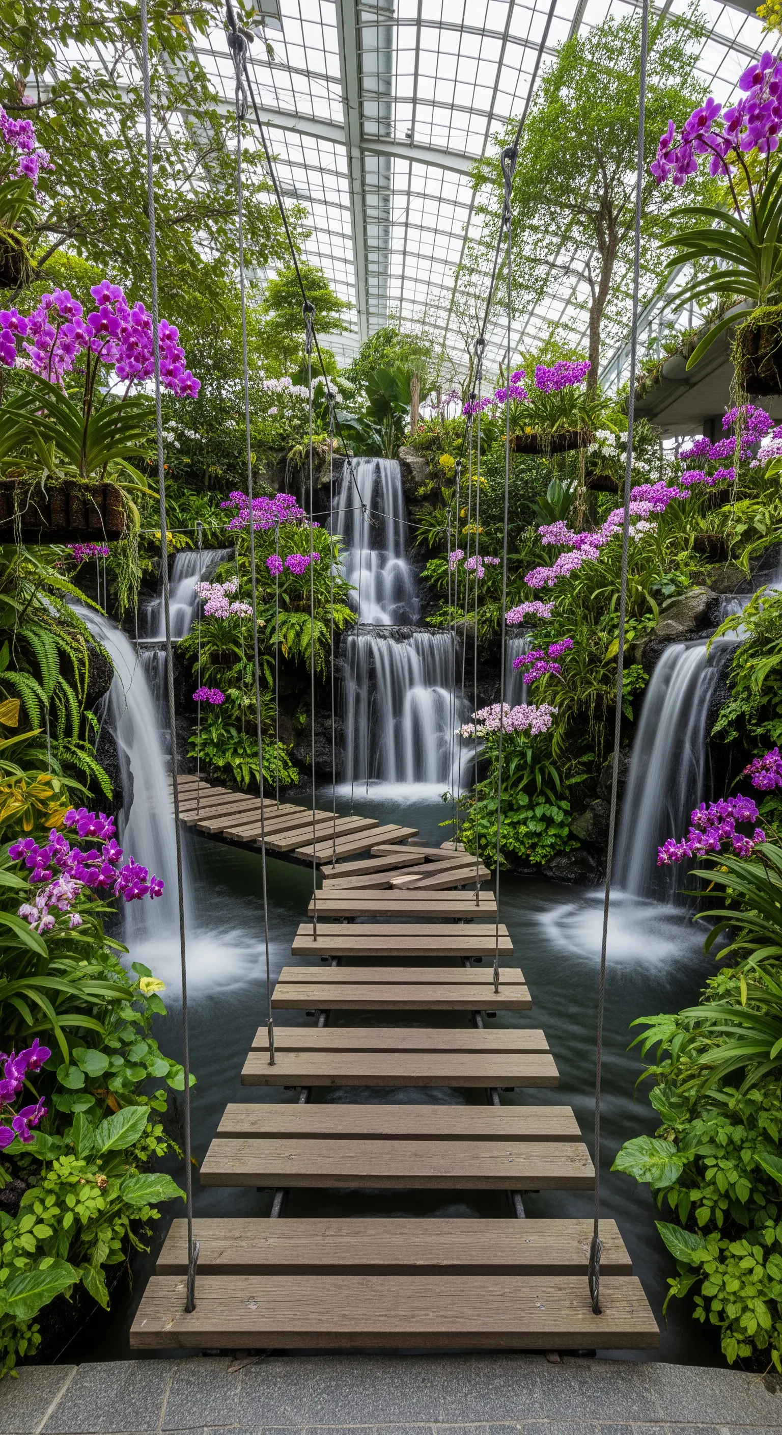 Passerella sospesa con assi di legno distanziate sopra un corso d'acqua in una serra lussureggiante.