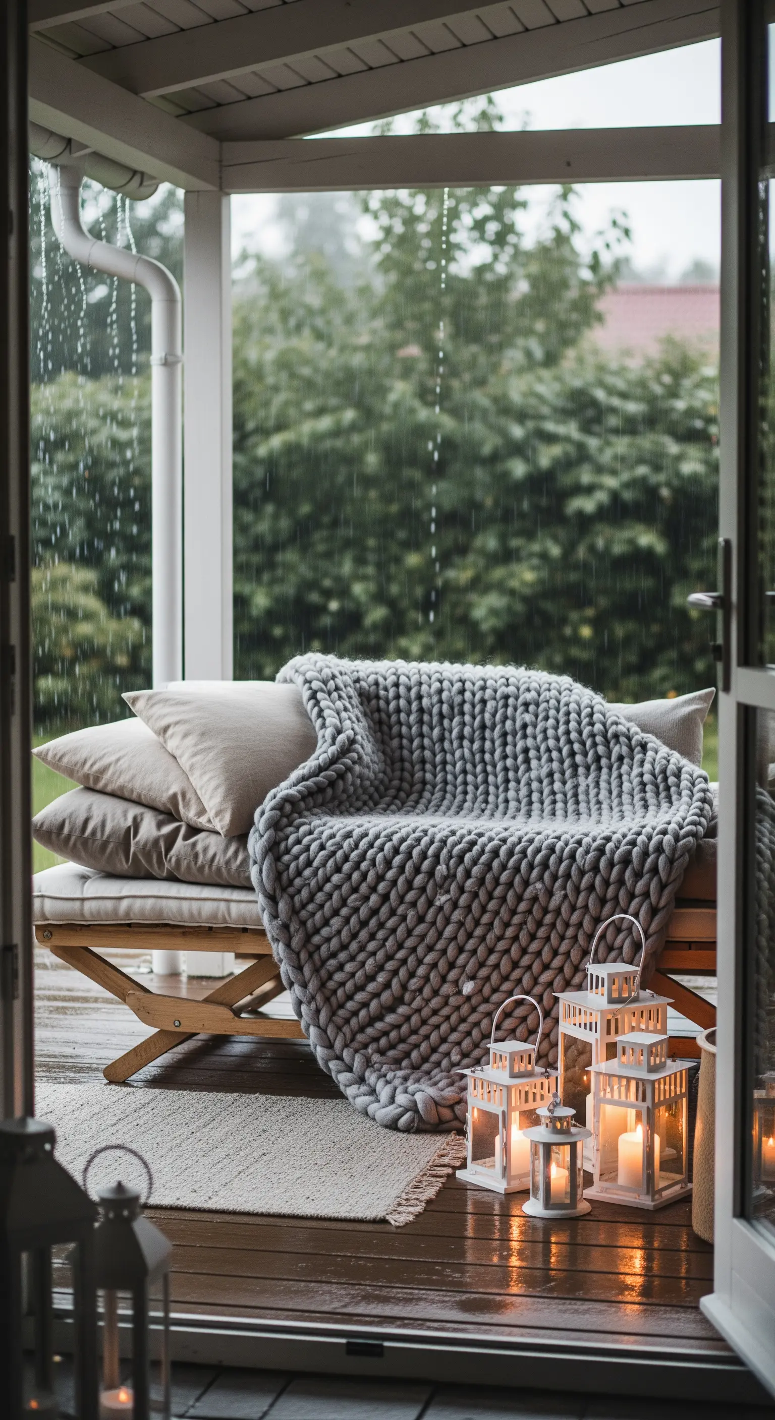 Portico accogliente con panca, maxi-plaid grigio e lanterne bianche mentre fuori piove.
