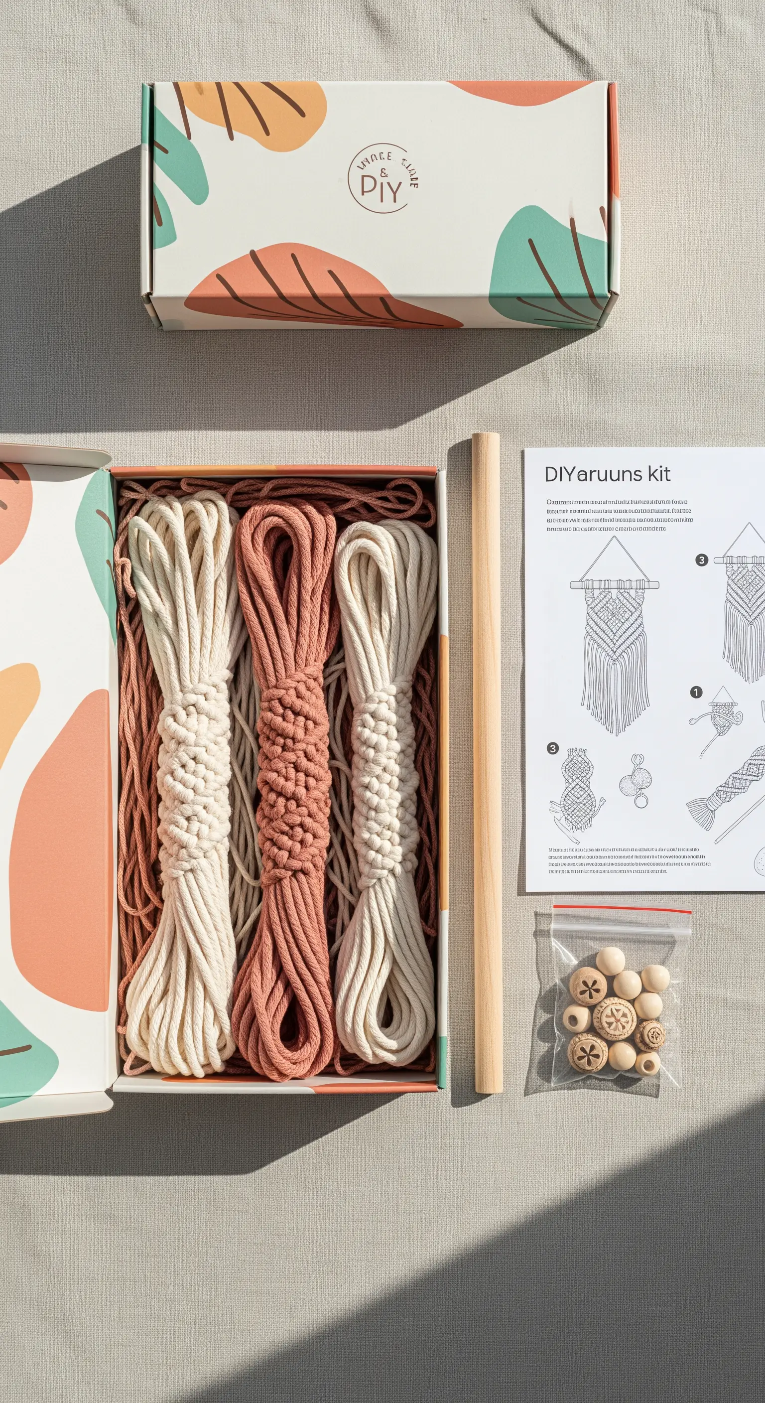 Kit per macramè aperto con corde color corallo e avorio, bastoncino e perline.