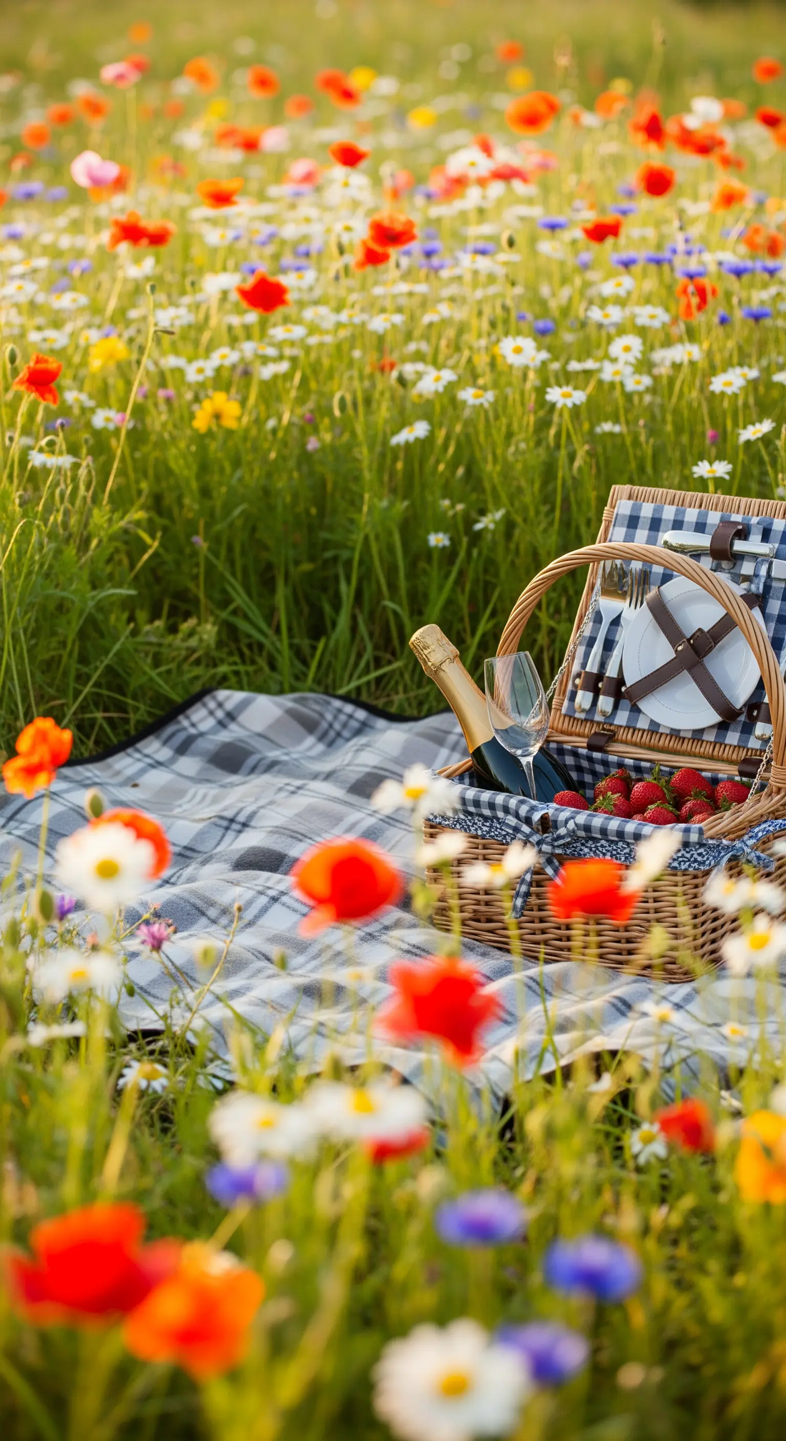 Cesto da picnic e coperta a quadri in un prato di fiori di campo colorati al tramonto.