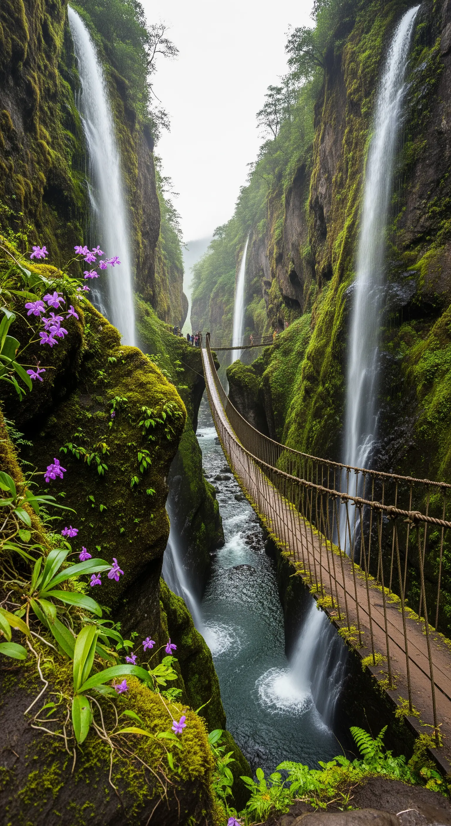 Ponte sospeso in un canyon profondo tra due cascate imponenti e rocce coperte di muschio.