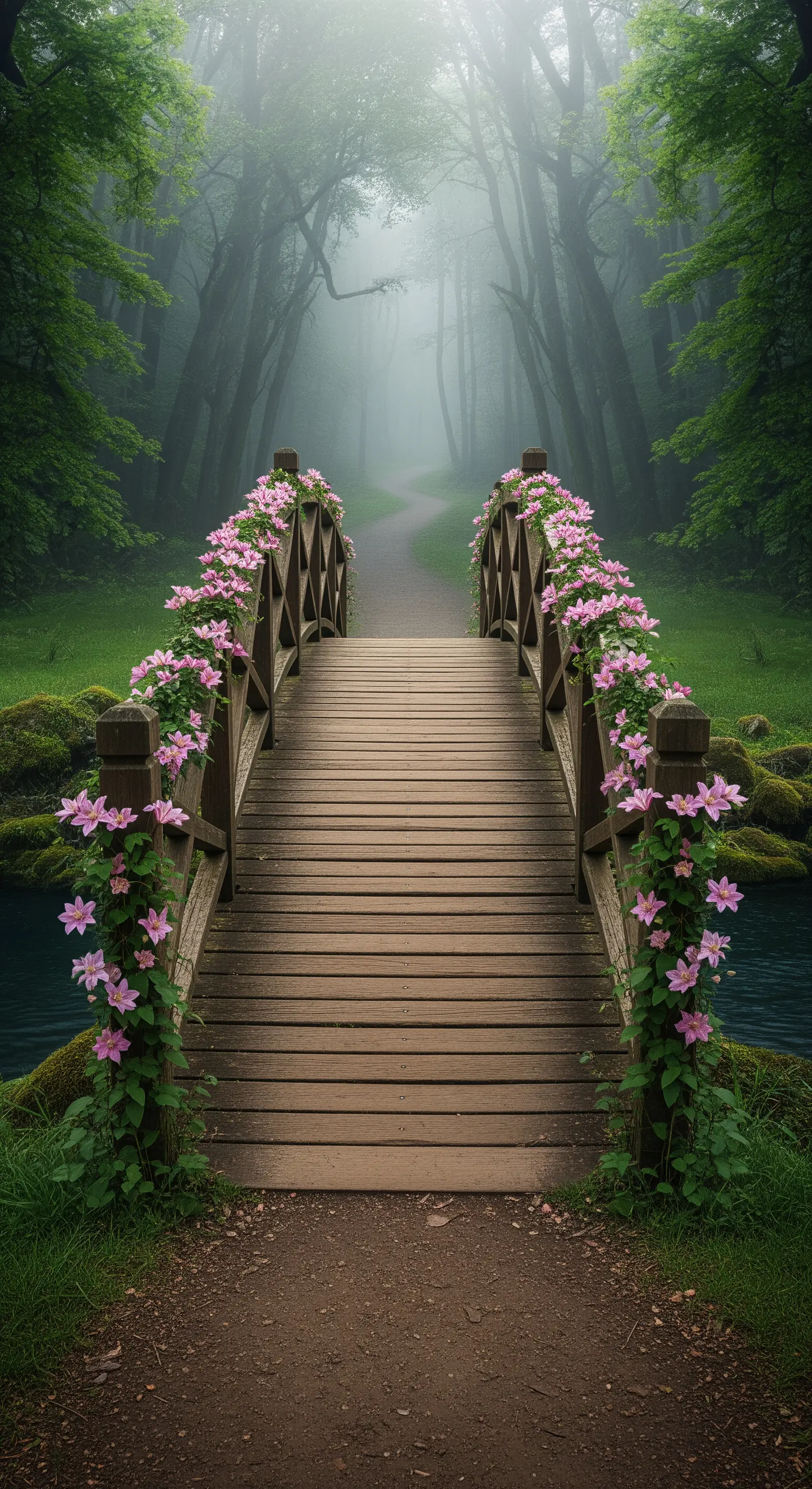 Ponte di legno in un bosco nebbioso, decorato con clematidi rosa sui parapetti.