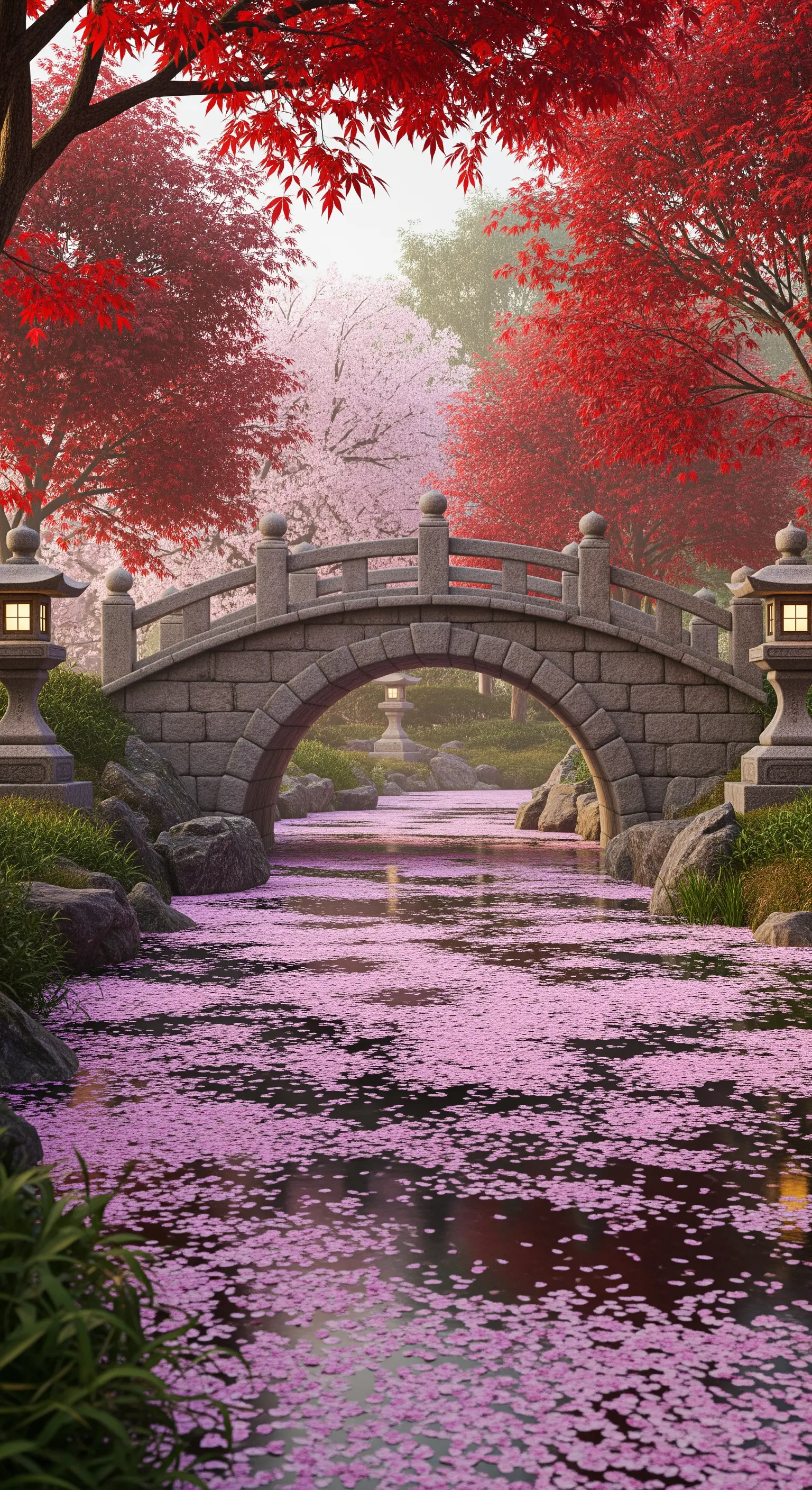 Ponte ad arco in pietra in un giardino giapponese, su un ruscello coperto di petali di ciliegio.