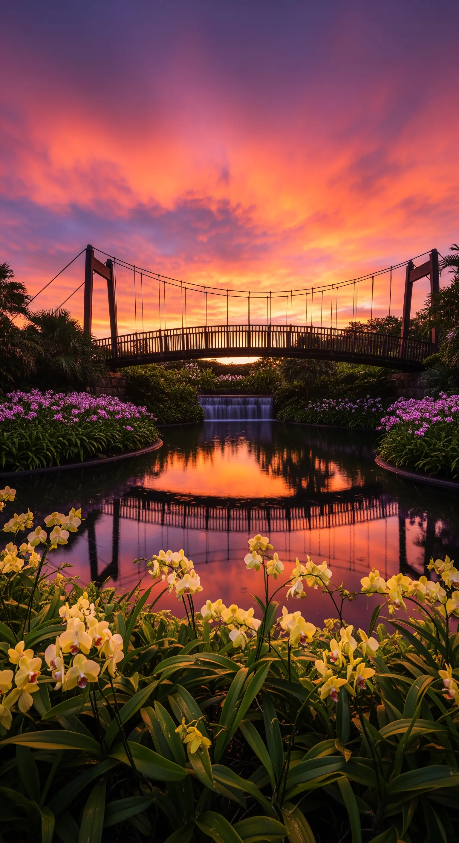 Ponte in legno su un laghetto che riflette un tramonto spettacolare, con orchidee gialle in primo piano.