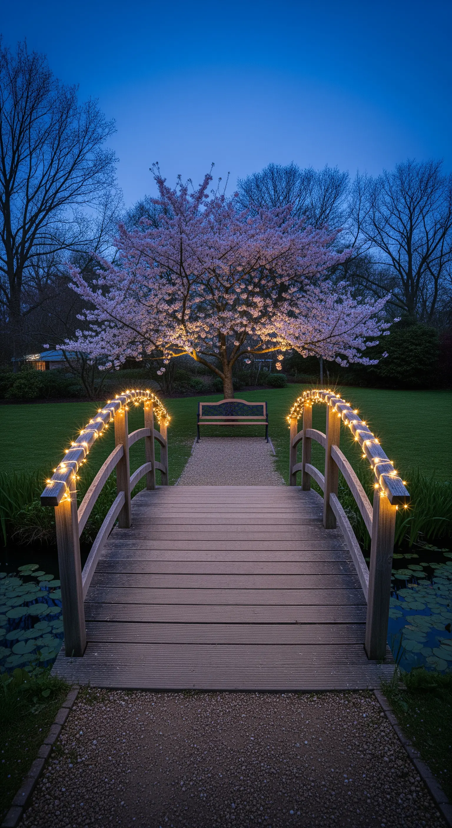 Ponte di legno con corrimano illuminato che conduce a un ciliegio in fiore, anch'esso illuminato dal basso.