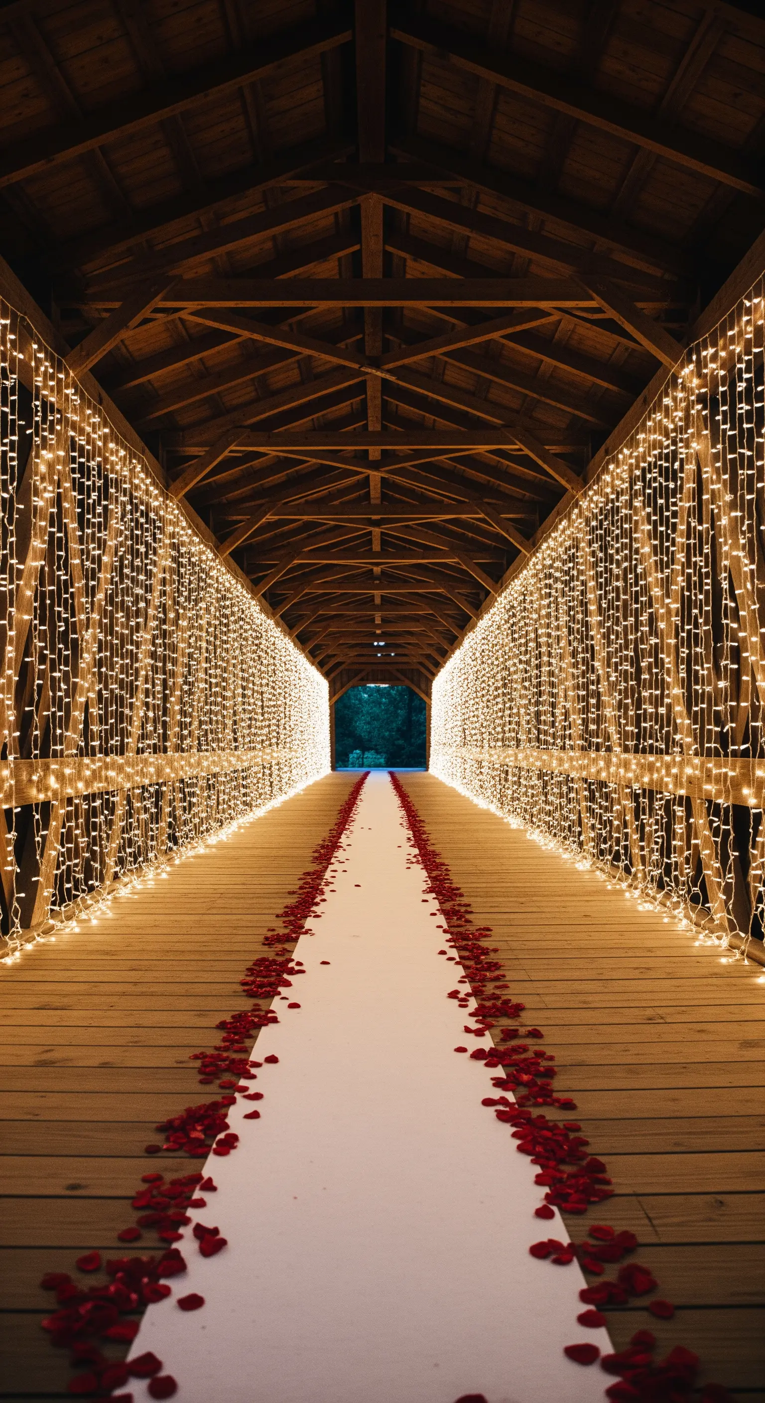 Ponte coperto in legno con pareti di lucine e petali di rosa a terra.