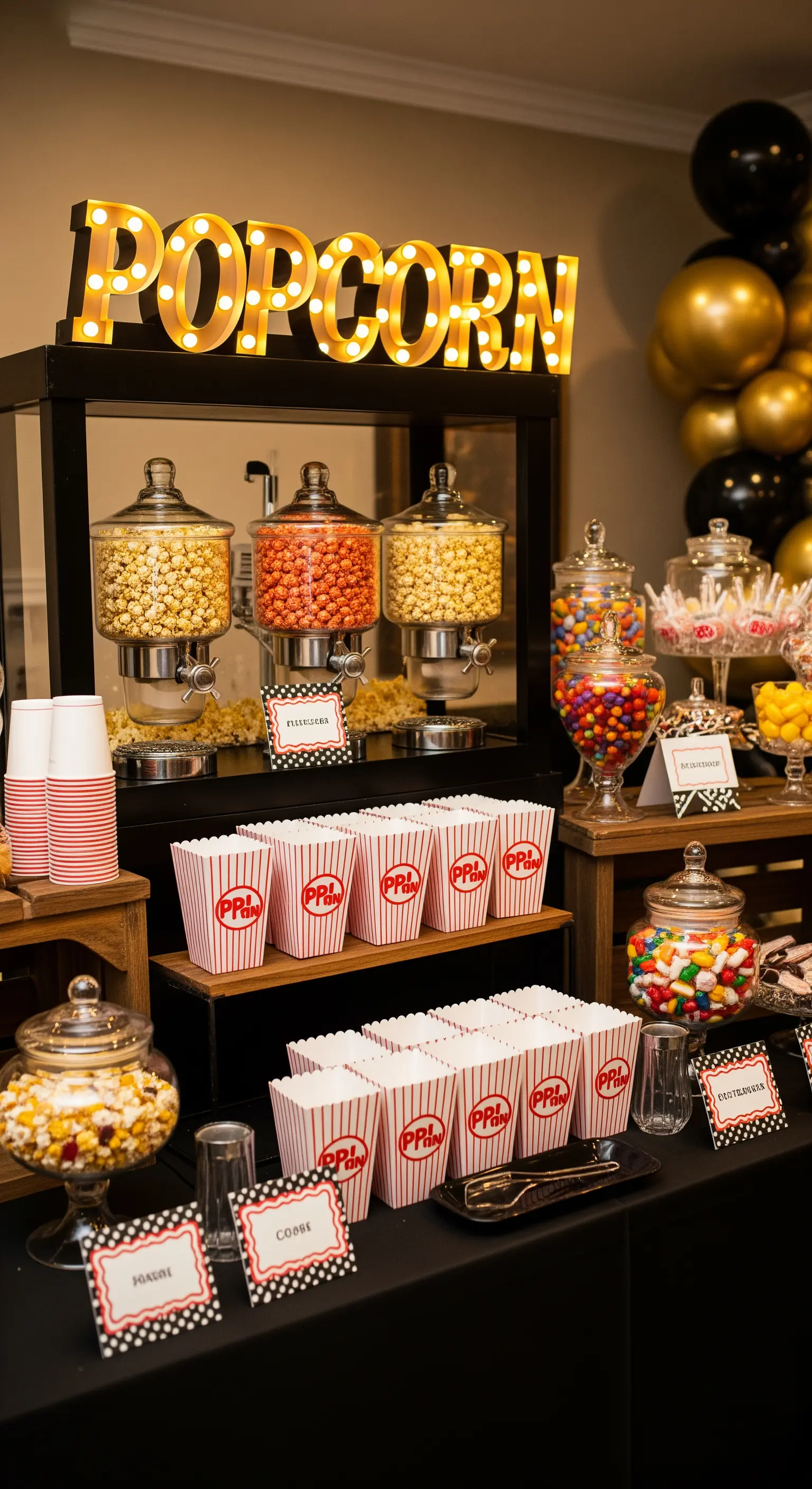Popcorn bar a tema cinema con dispenser, contenitori a righe e insegna luminosa.