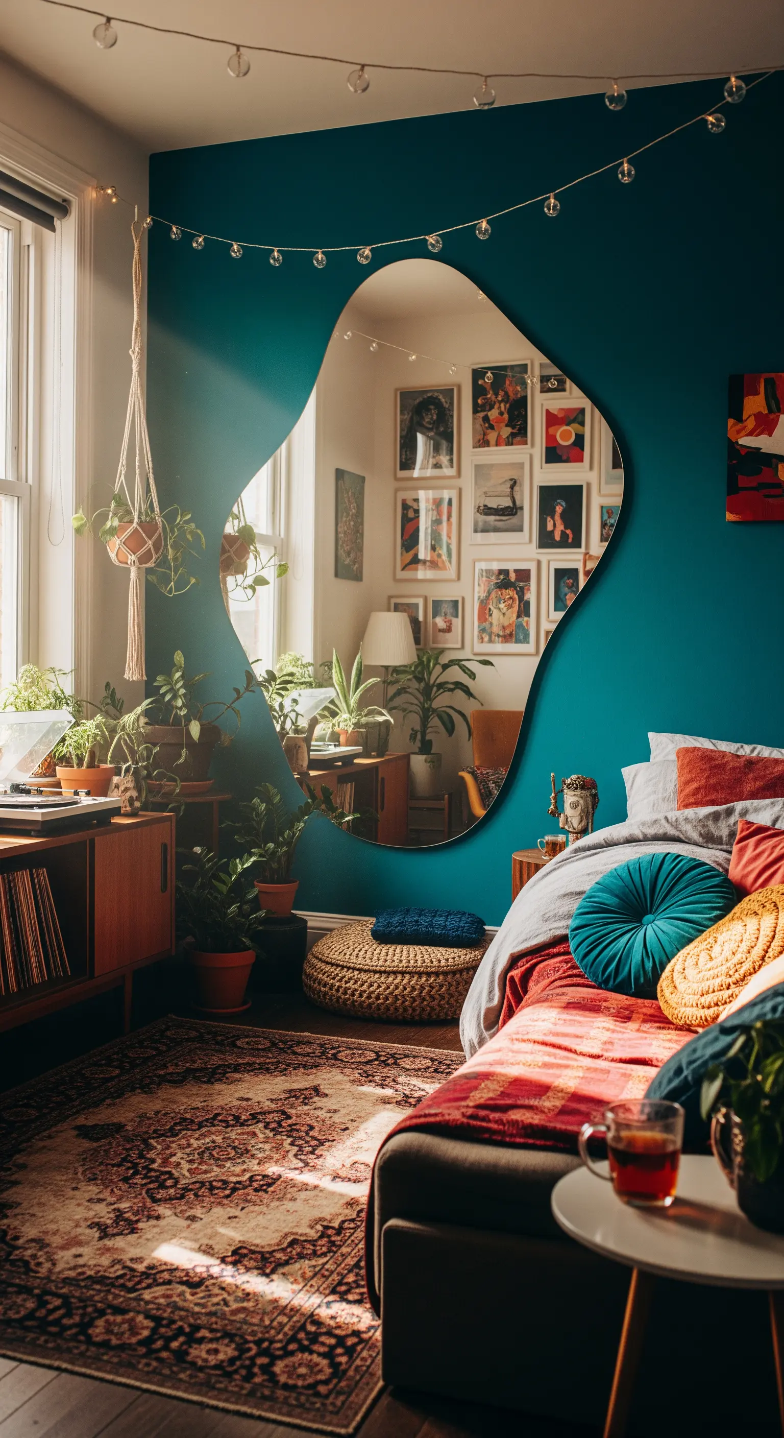 Specchio di forma organica e irregolare su una parete blu-verde in una camera eclettica.