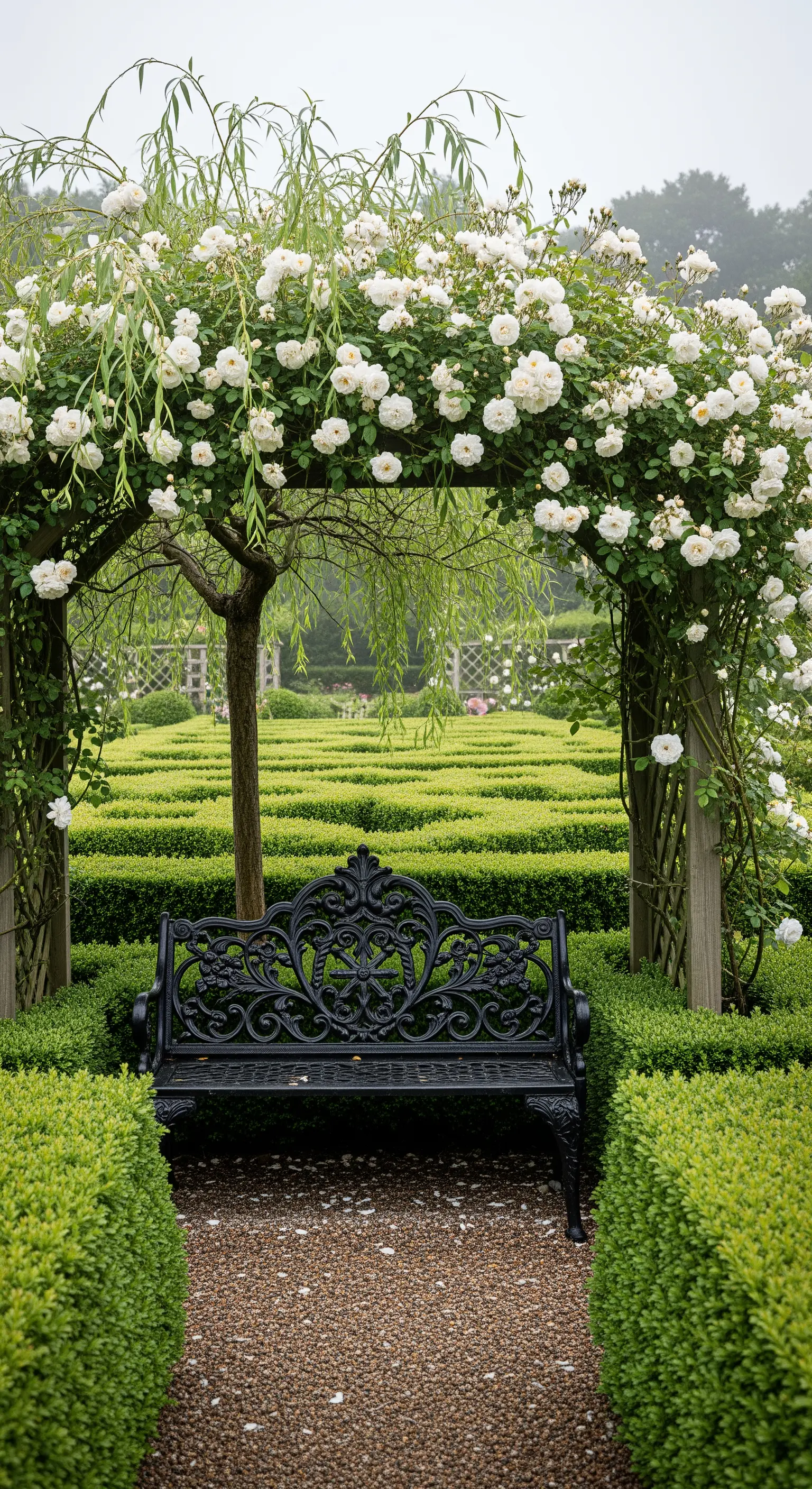 Panchina in ferro battuto nero sotto un arco di rose bianche che conduce a un labirinto.