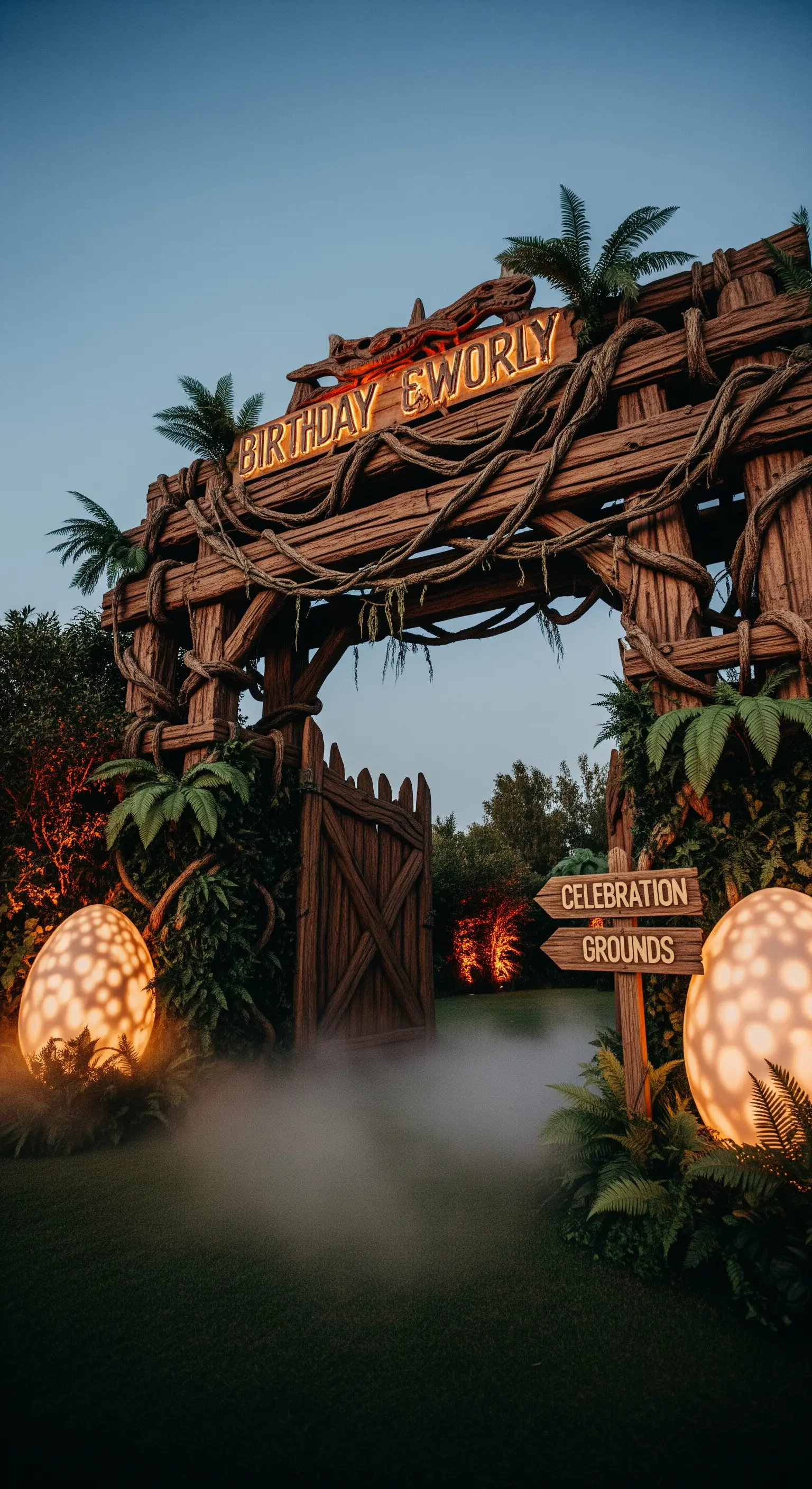 Ingresso scenografico in legno con uova di dinosauro luminose e nebbia.