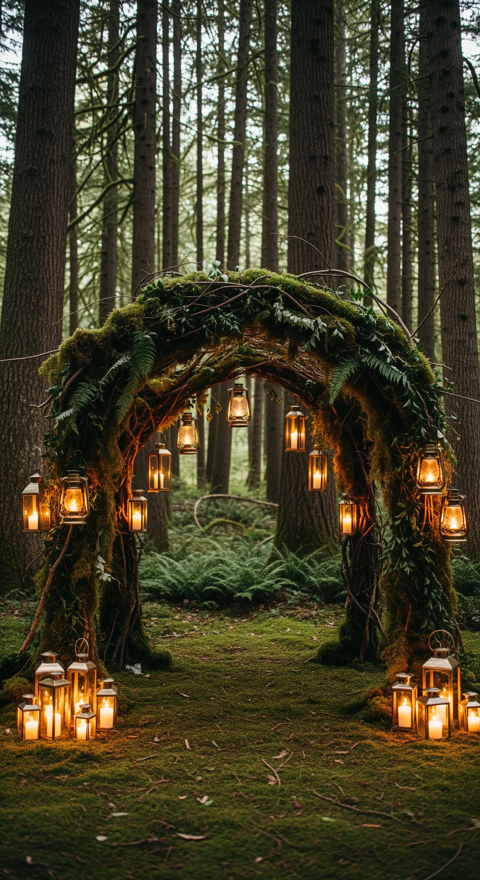 Arco nel bosco ricoperto di muschio e illuminato da lanterne calde appese e a terra.