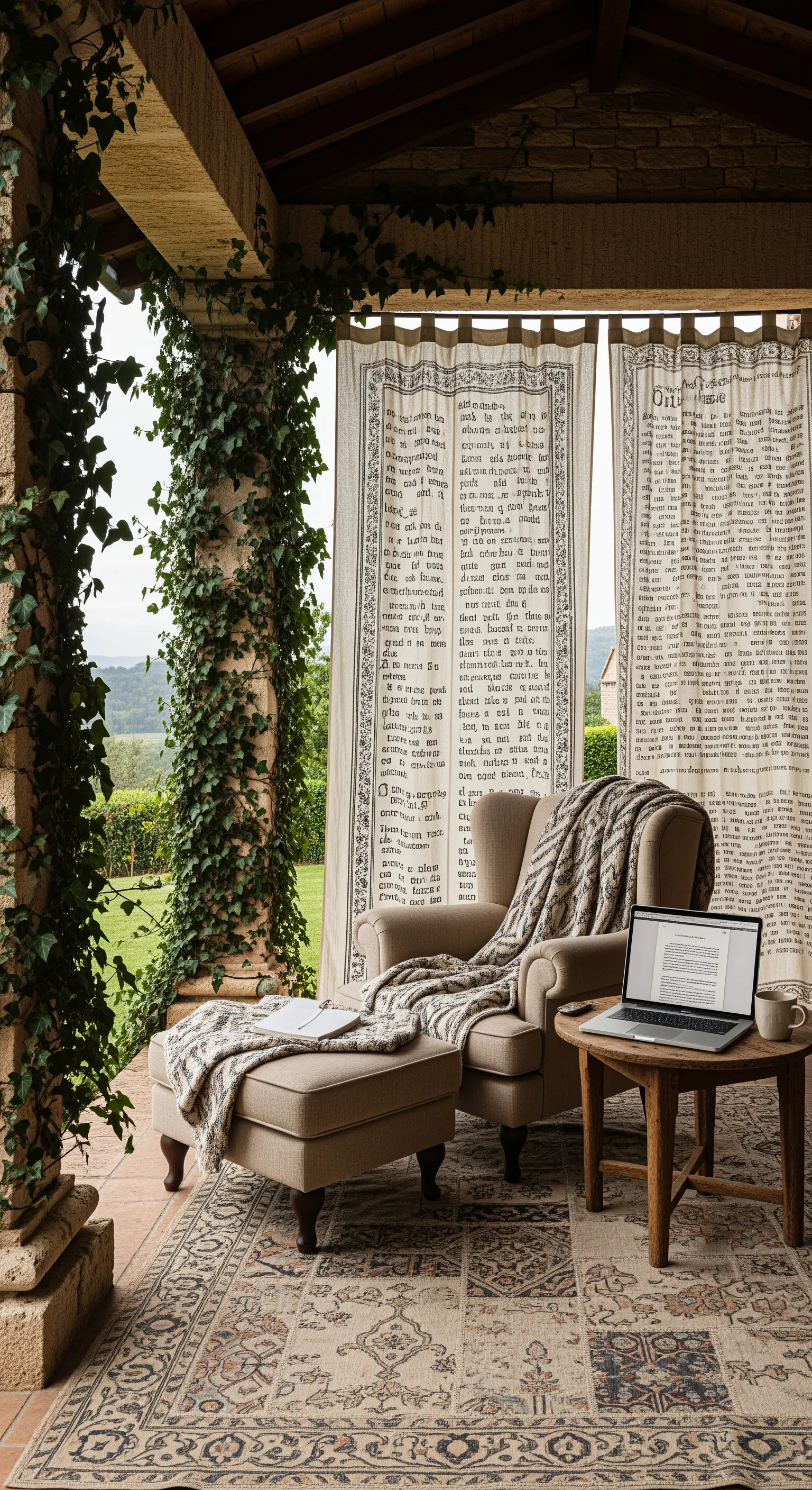 Angolo lettura su un portico con poltrona, tappeto, edera rampicante e tende con scritte.