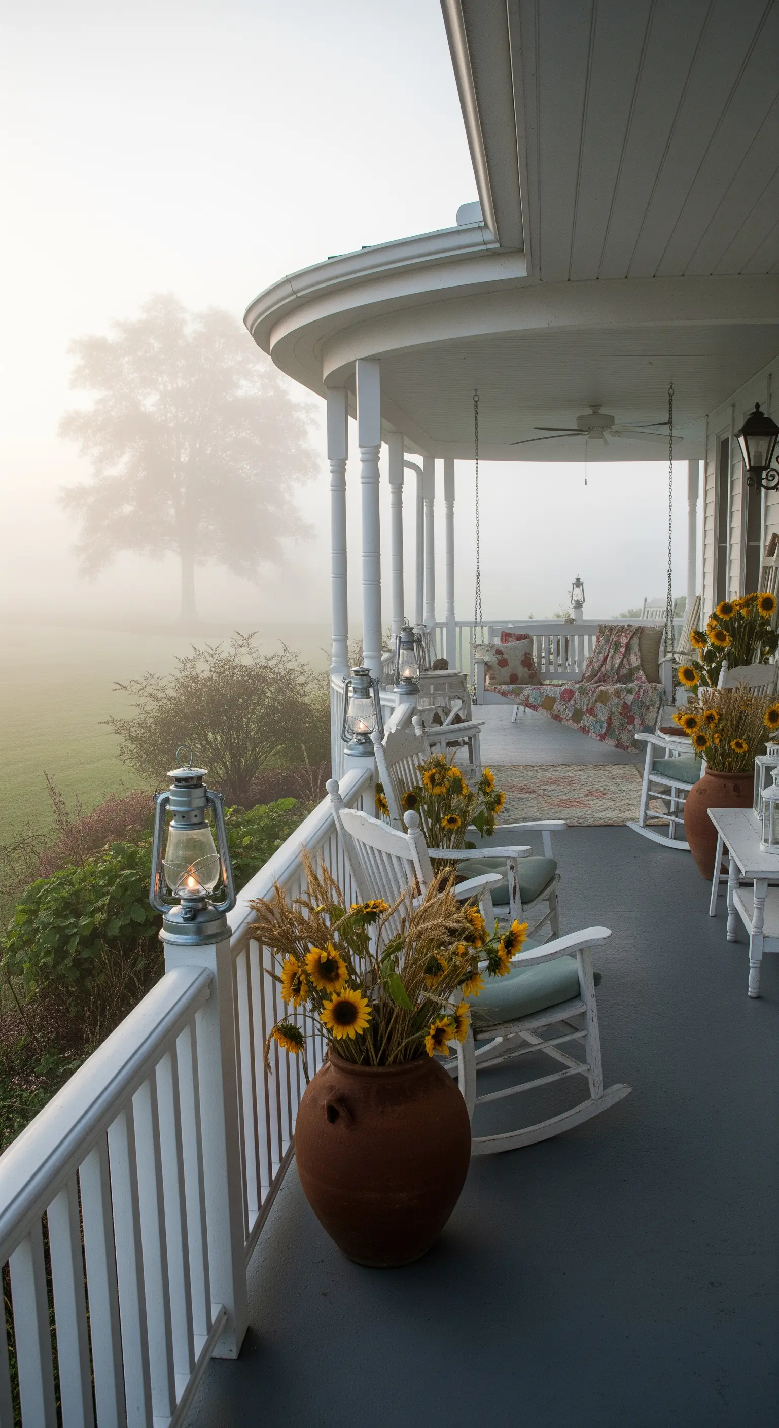 Lungo portico di campagna con sedie a dondolo bianche e vasi di girasoli.