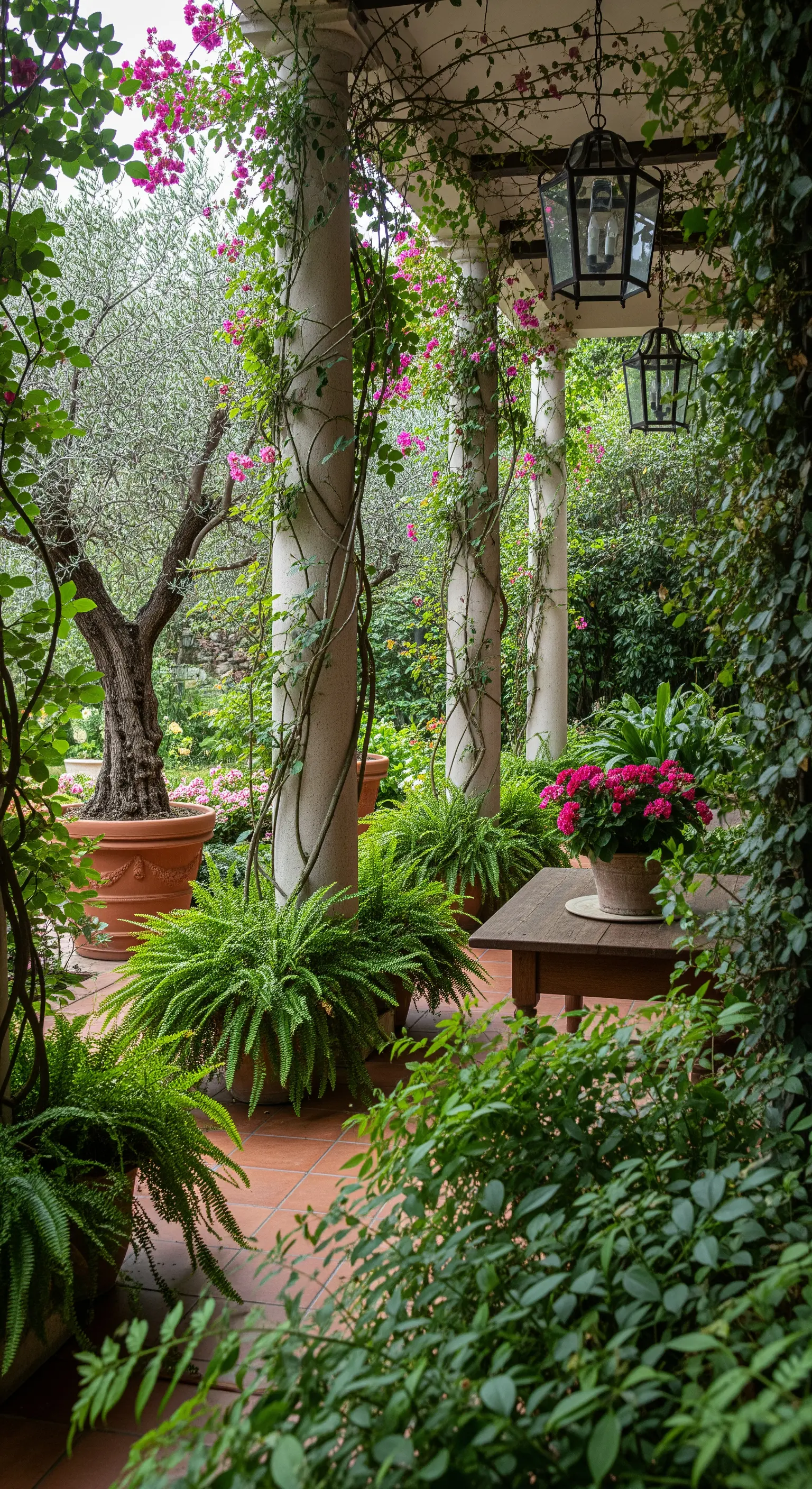Portico rigoglioso con colonne coperte di rampicanti, felci e lanterne sospese.