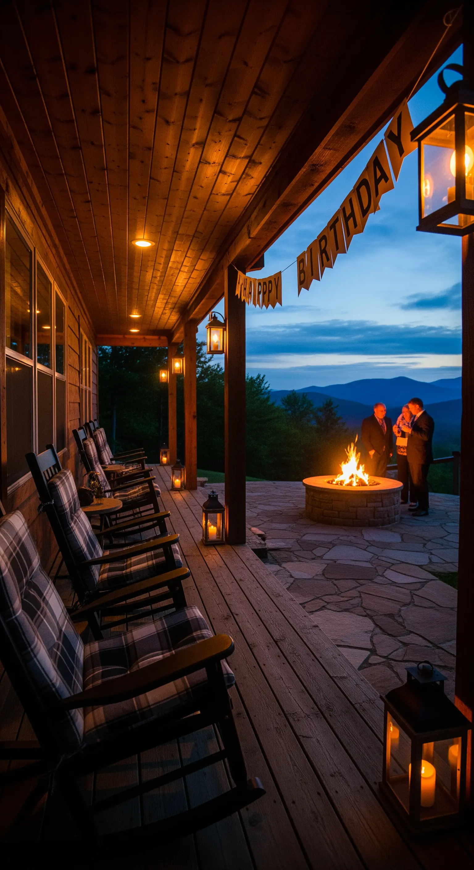 Portico in legno con sedie a dondolo e braciere, illuminato da lanterne al crepuscolo.