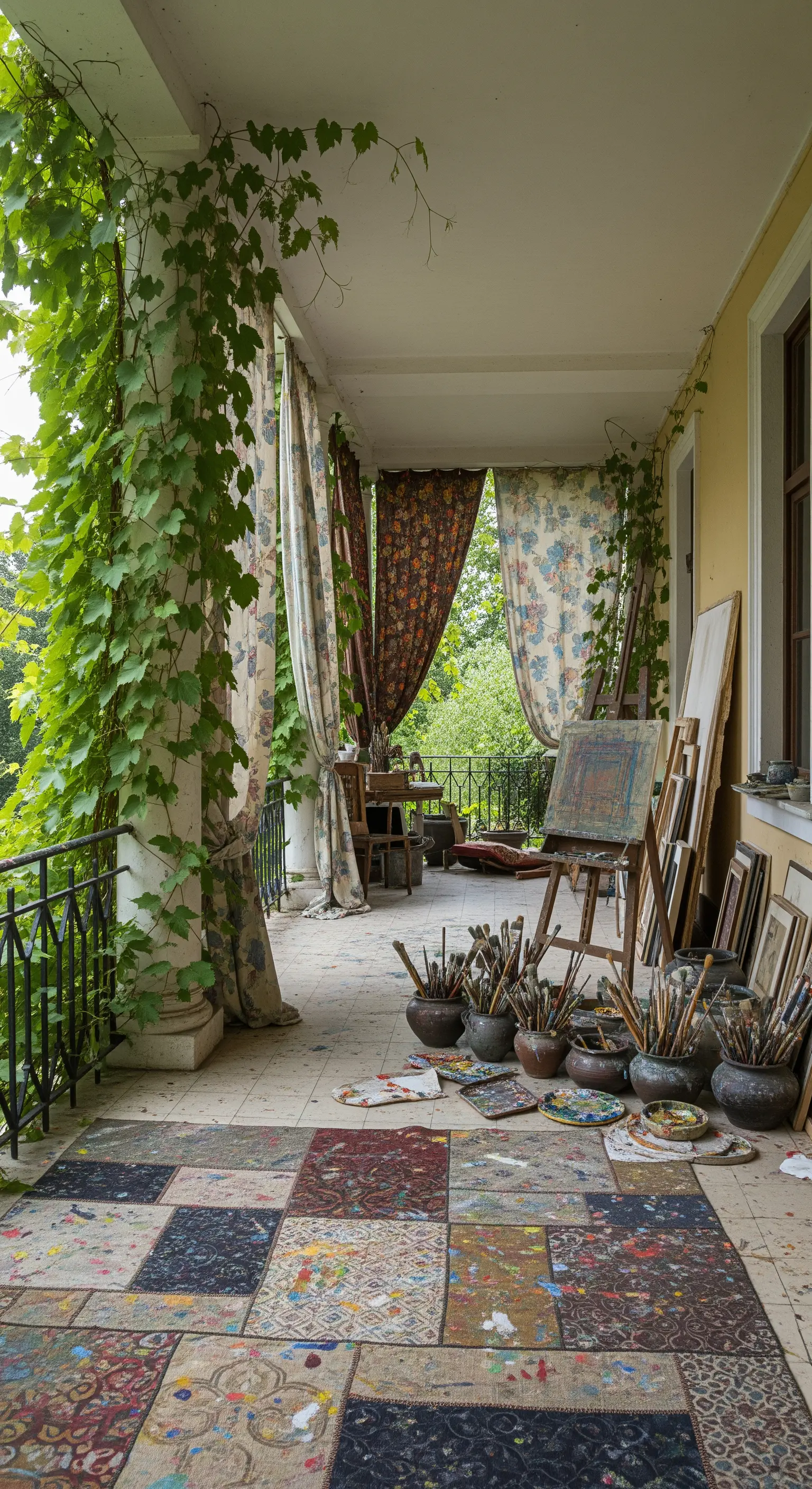 Portico trasformato in studio d'artista, con cavalletti, tele, pennelli e un tappeto macchiato di colore.