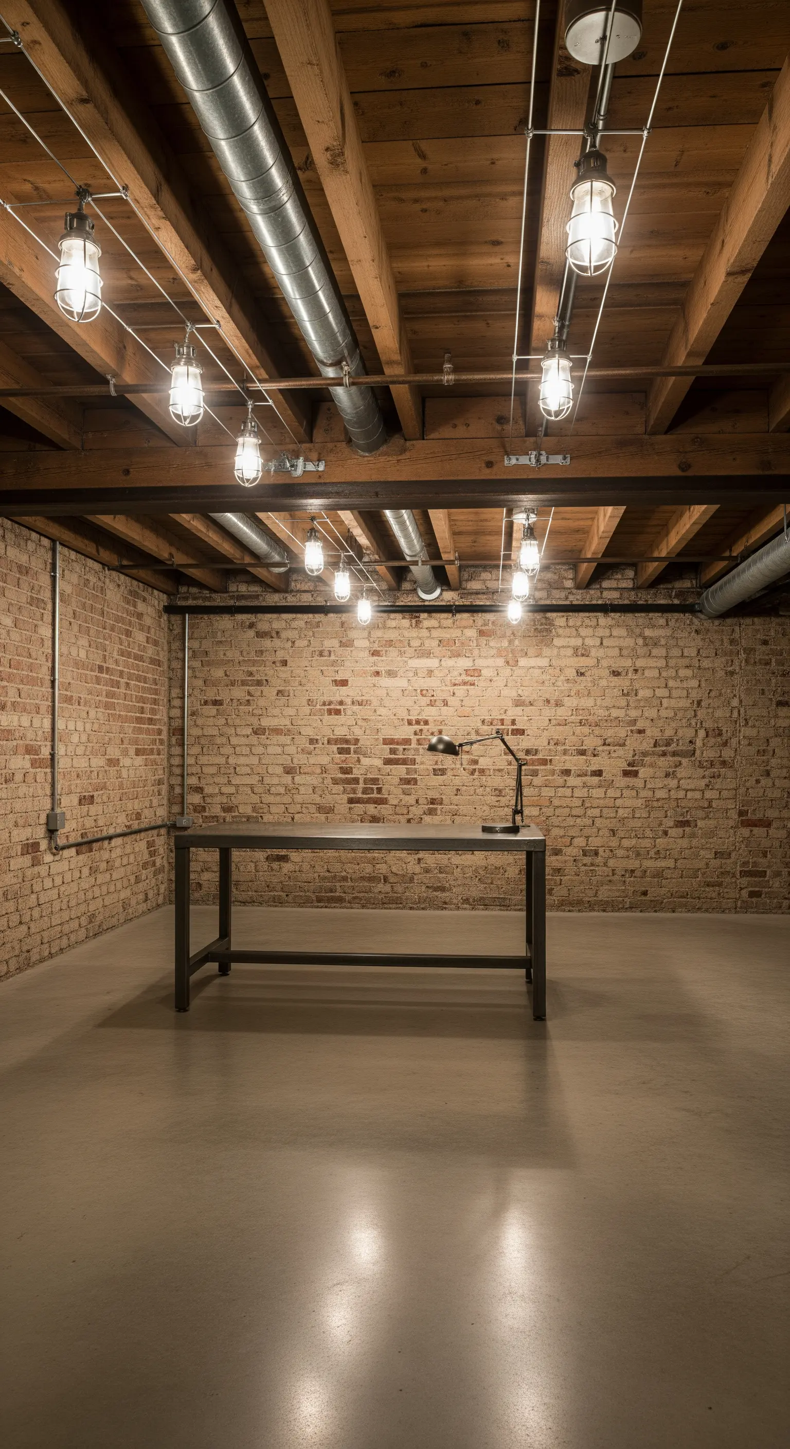 Ampio spazio seminterrato con pareti di mattoni e un'unica scrivania metallica al centro.
