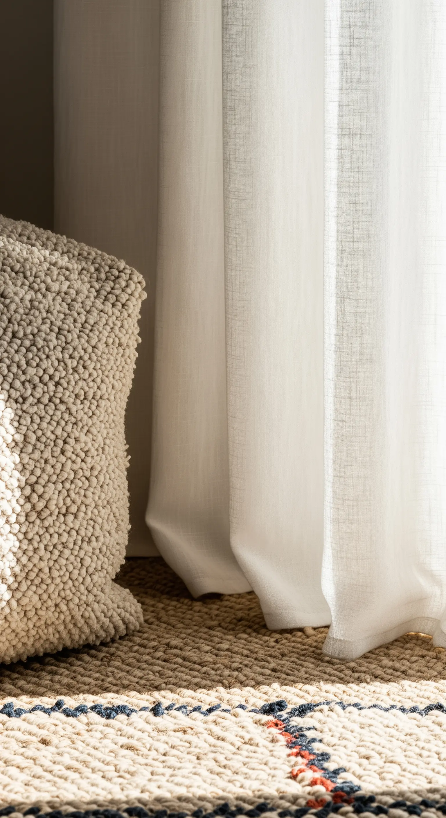 Dettaglio di un pouf bouclé, un tappeto in juta e una tenda di lino bianco.