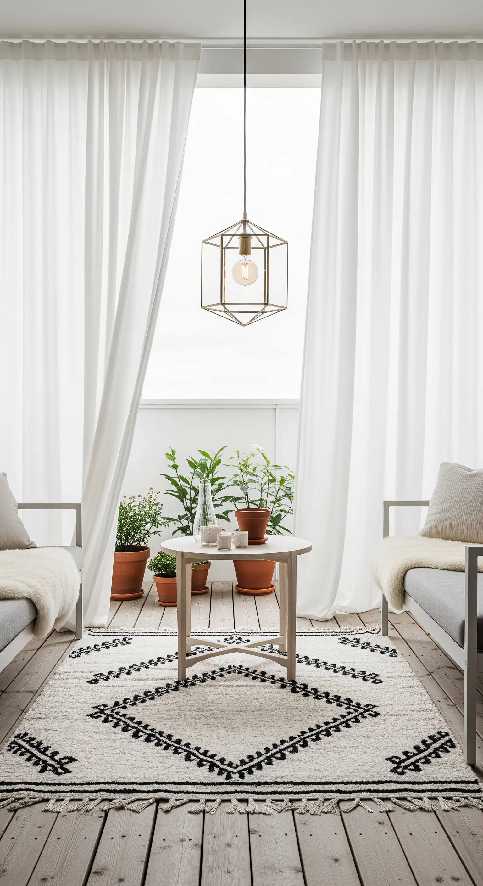 Balcone minimalista con tappeto grafico bianco e nero, sedute semplici e lampada in ottone.