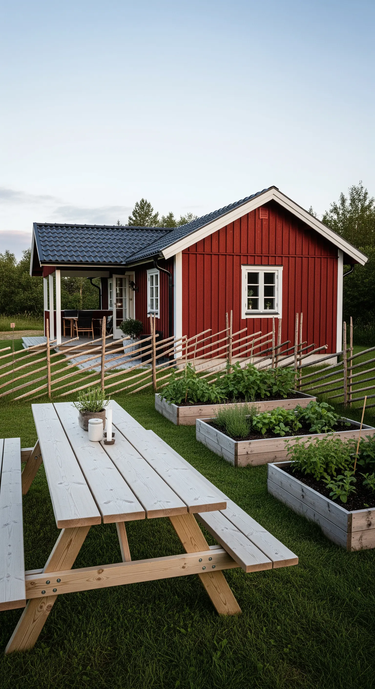 Casetta svedese rossa con orti rialzati e tavolo da picnic bianco.