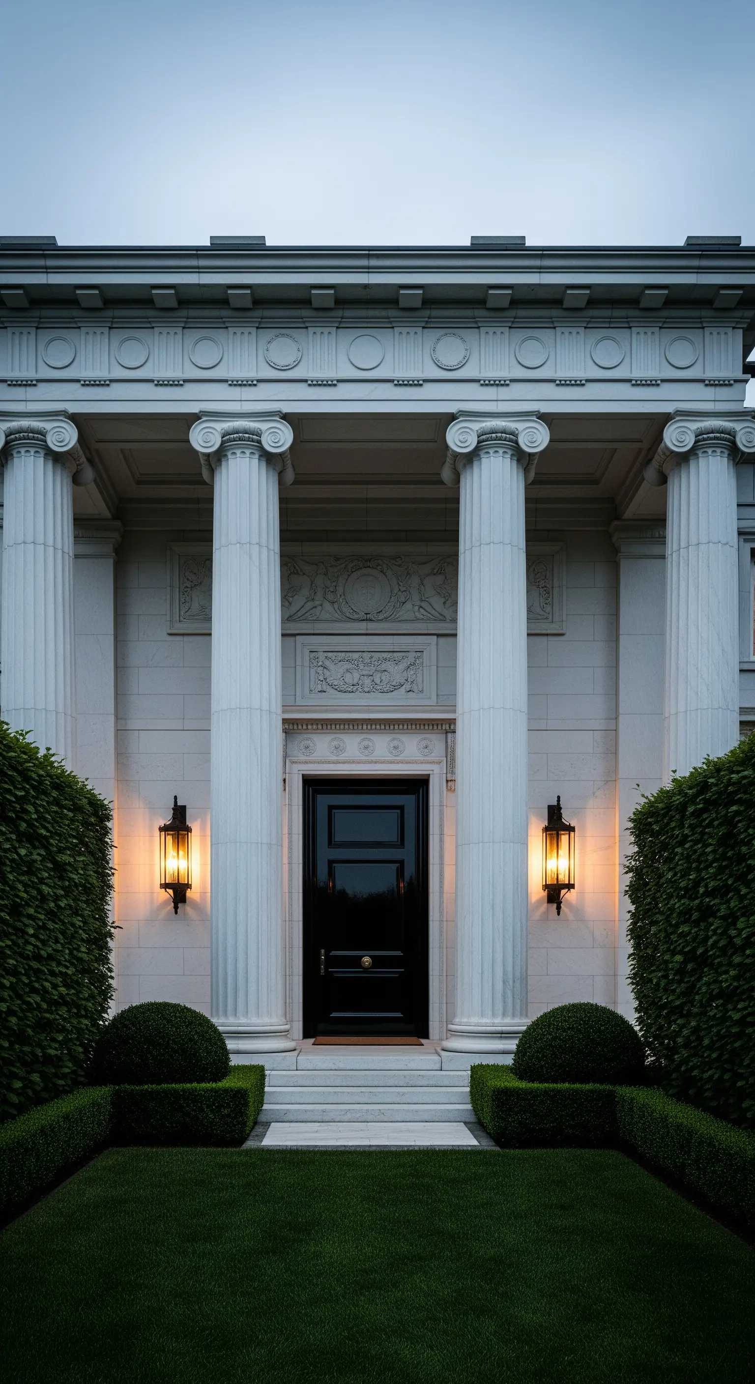 Portico d'ingresso con colonne bianche, porta laccata nera e applique da parete con luce calda
