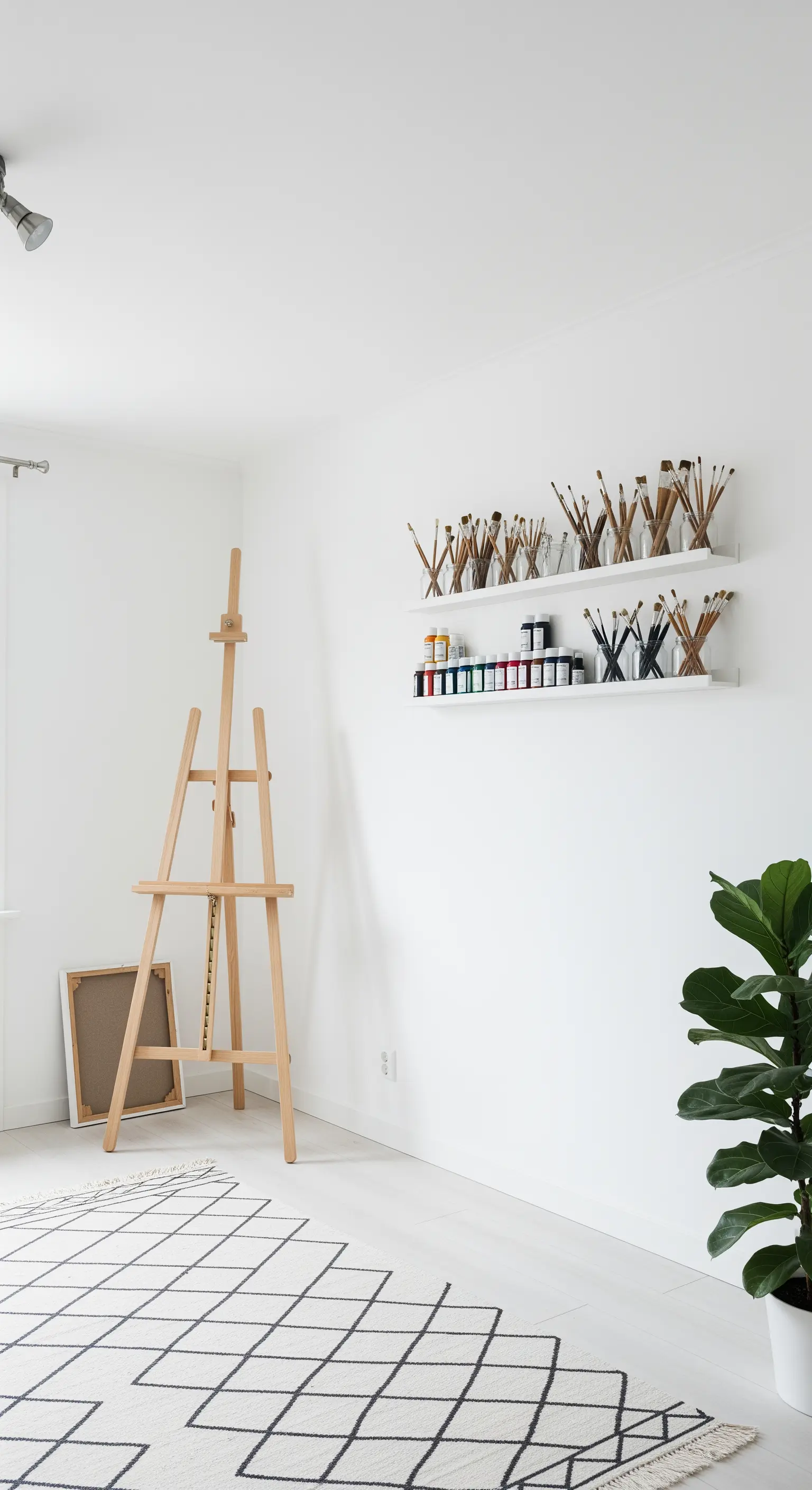 Studio d'arte minimalista con pareti bianche, cavalletto in legno e un tappeto geometrico.
