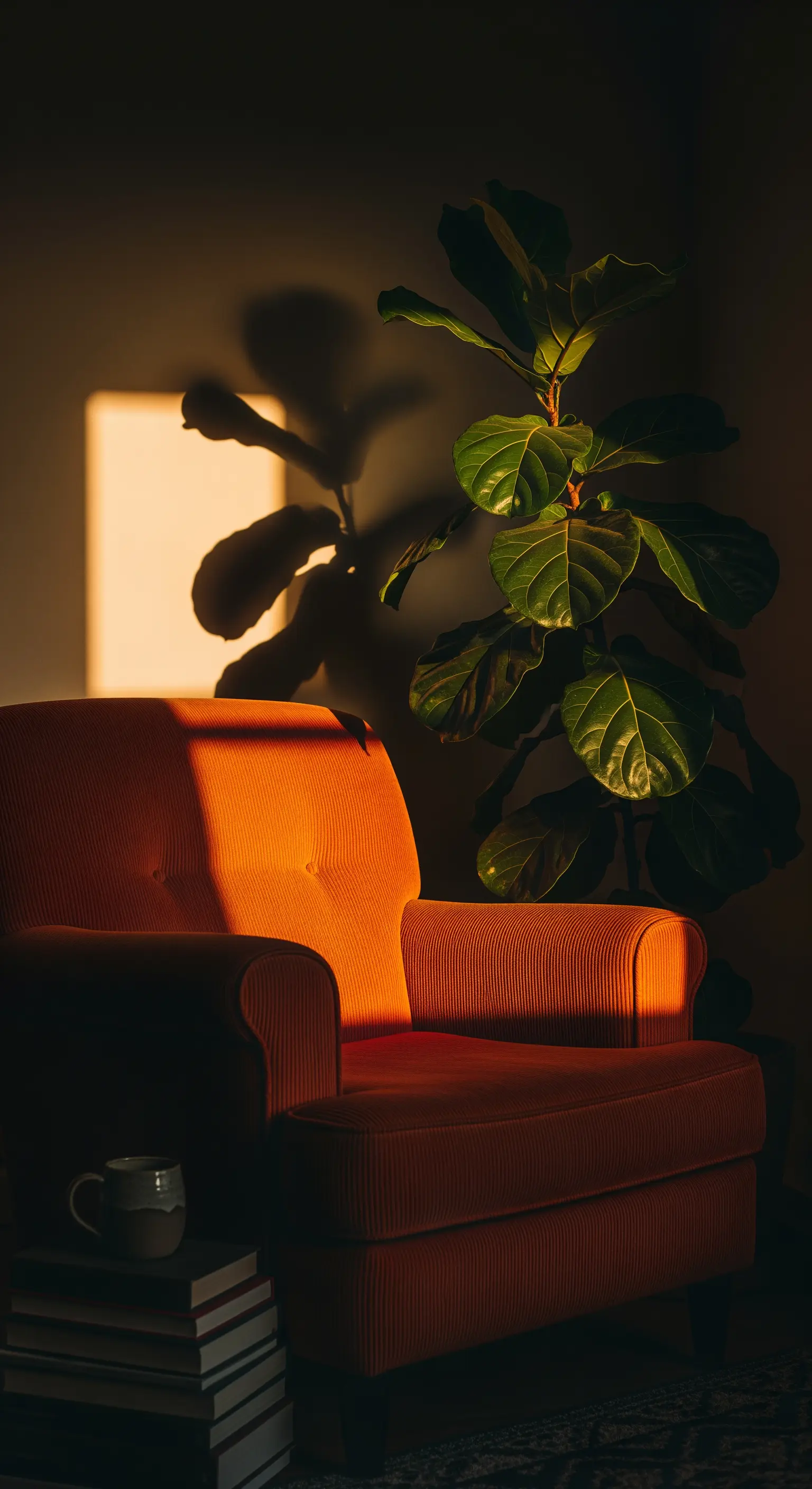 Poltrona arancione in velluto a coste colpita dalla luce del tramonto, con l'ombra di un ficus.