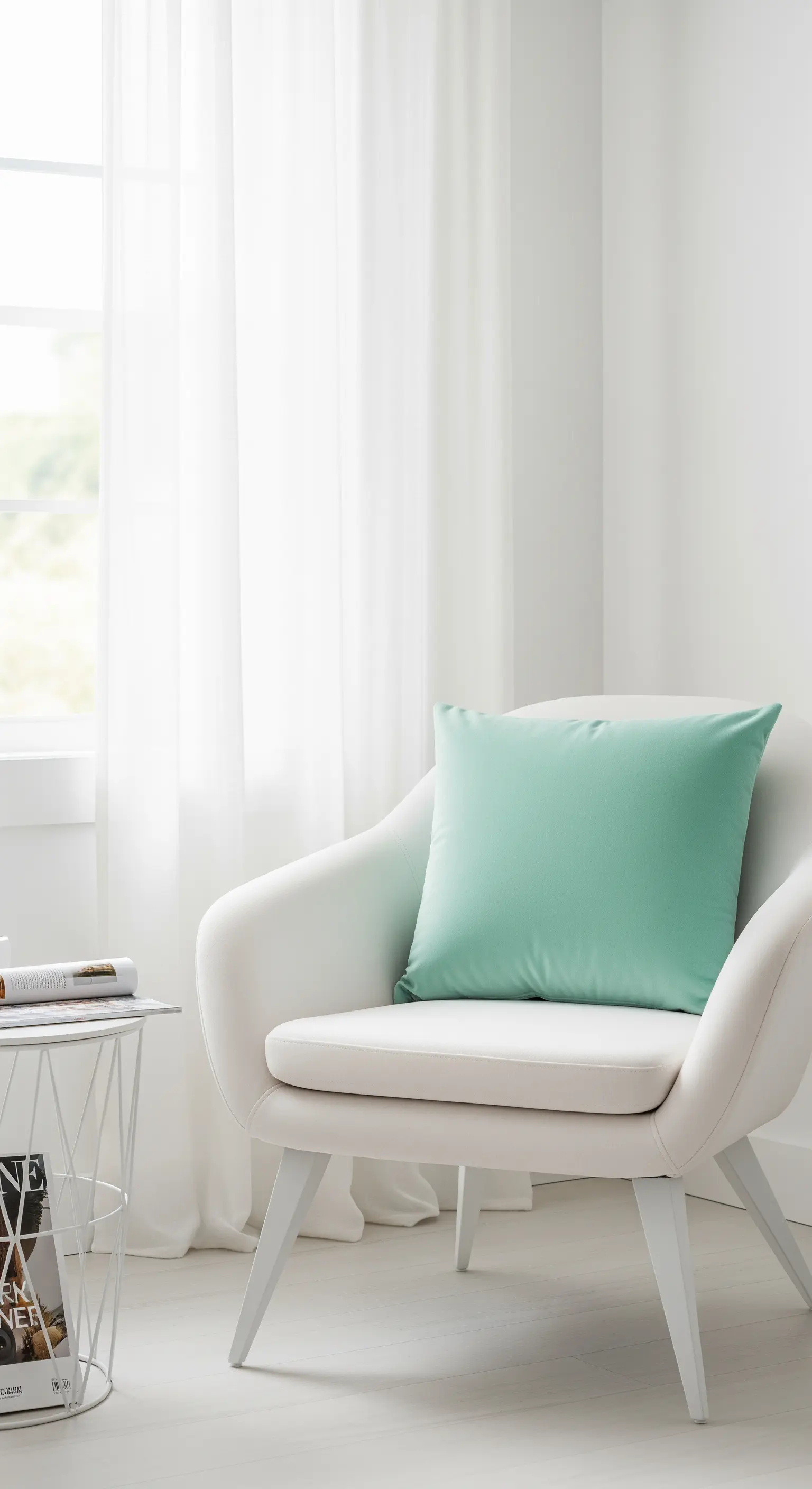 Poltrona bianca di design con cuscino color menta e tavolino in metallo bianco.