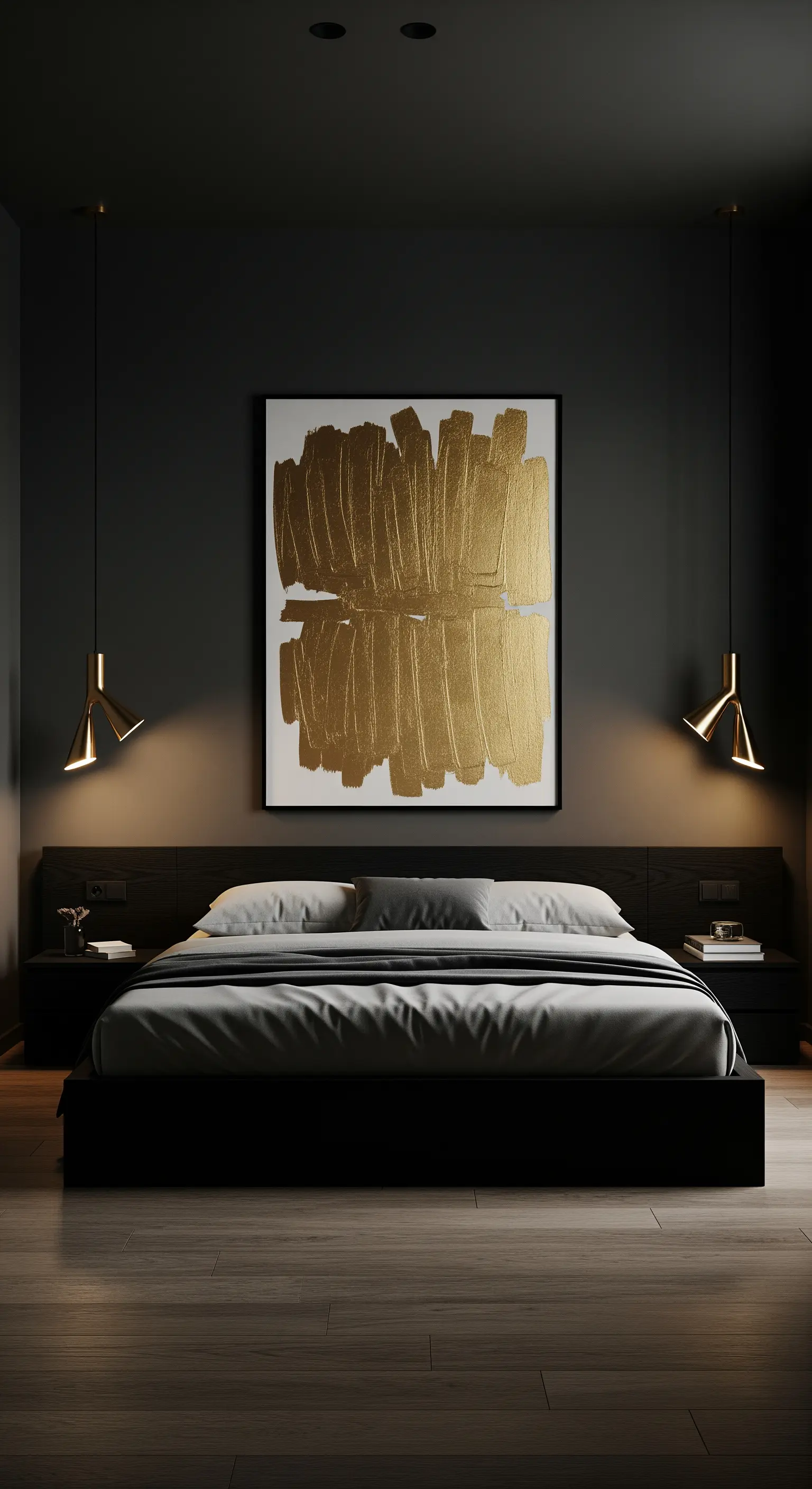 Camera da letto minimalista con parete nera, quadro astratto dorato e lampade a sospensione.