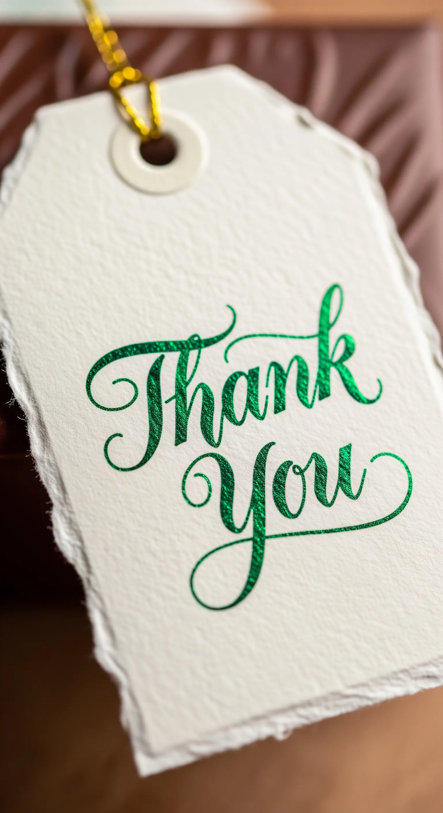 Etichetta di ringraziamento in carta pregiata con scritta calligrafica verde metallizzato.