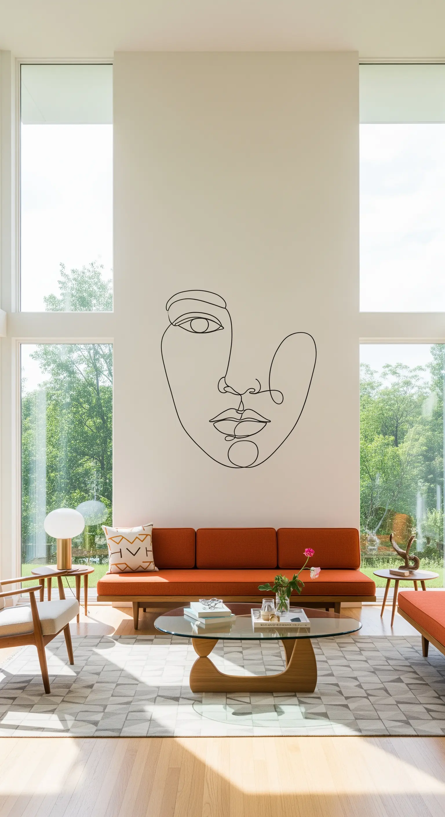 Soggiorno moderno con soffitti alti, murale con volto stilizzato e divano color terracotta.