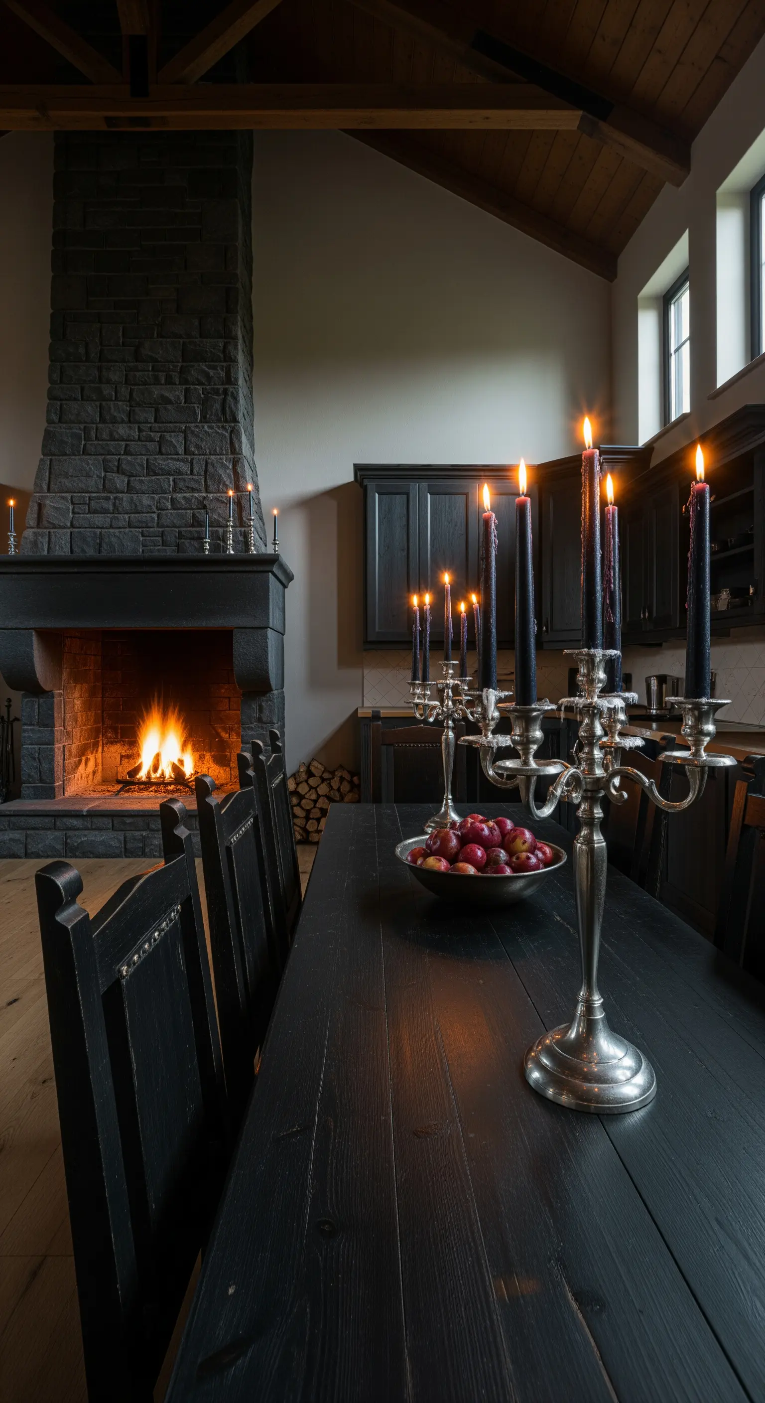 Cucina gotica con camino in pietra nera, tavolo nero e candelabri d'argento con candele nere.