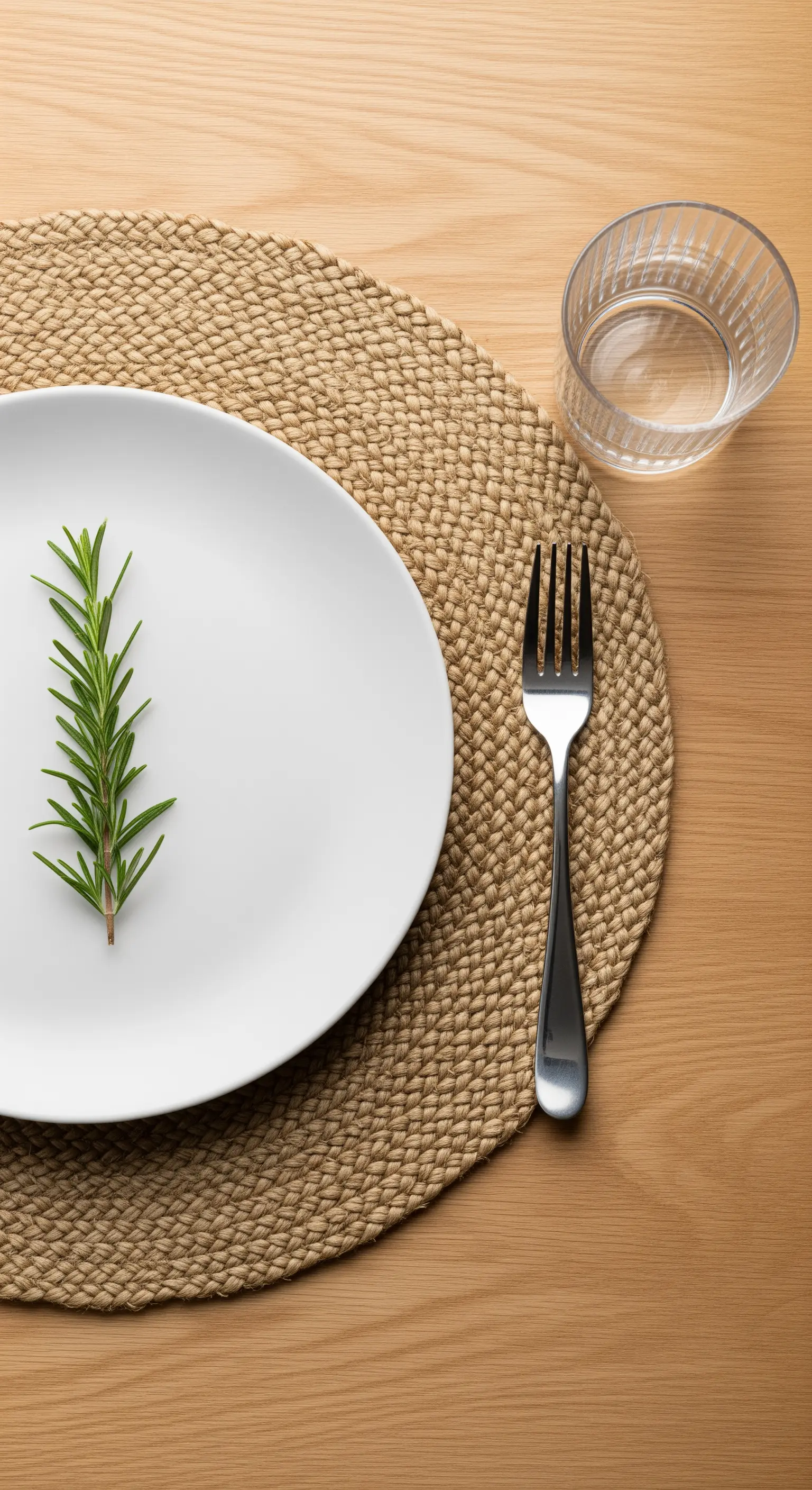Piatto bianco su tovaglietta in juta, con un rametto di rosmarino come unica decorazione.