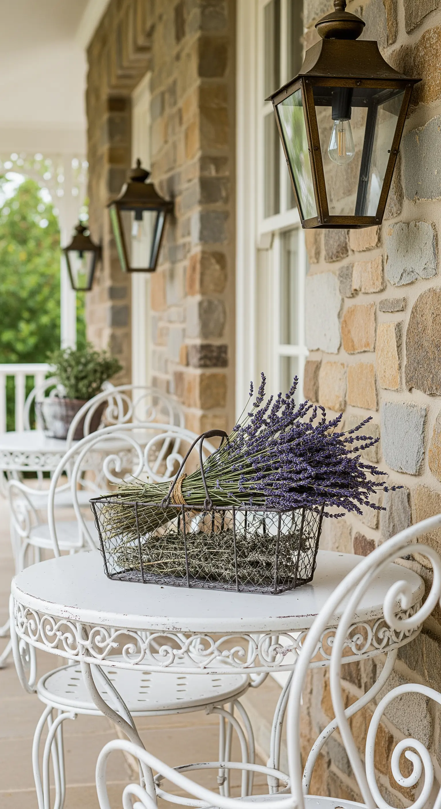 Tavolino in ferro battuto bianco contro una parete in pietra, con un cesto di lavanda.