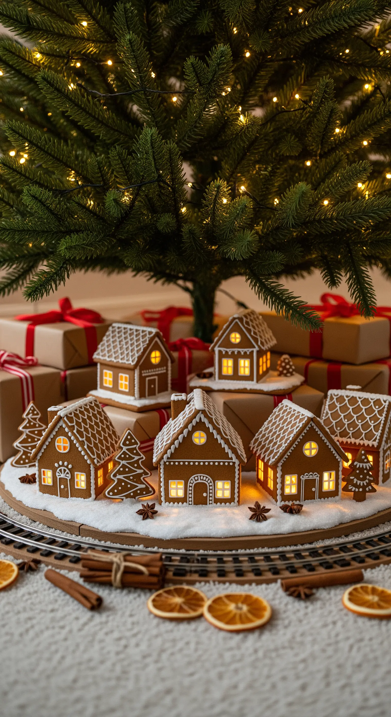 Villaggio di casette di pan di zenzero illuminate alla base di un albero di Natale.