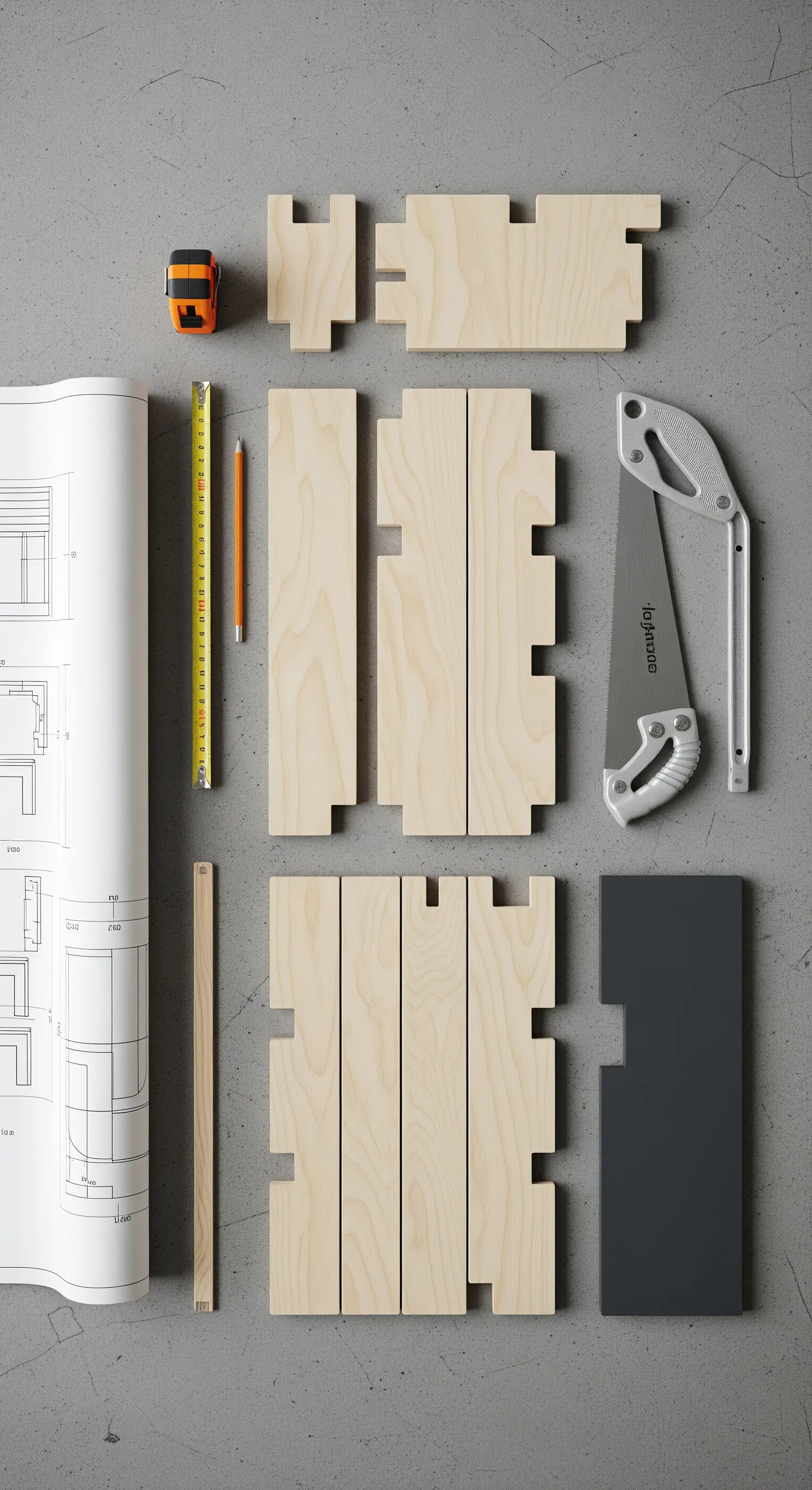 Pezzi di legno tagliati su misura per un progetto a incastro, con metro, sega e matita.