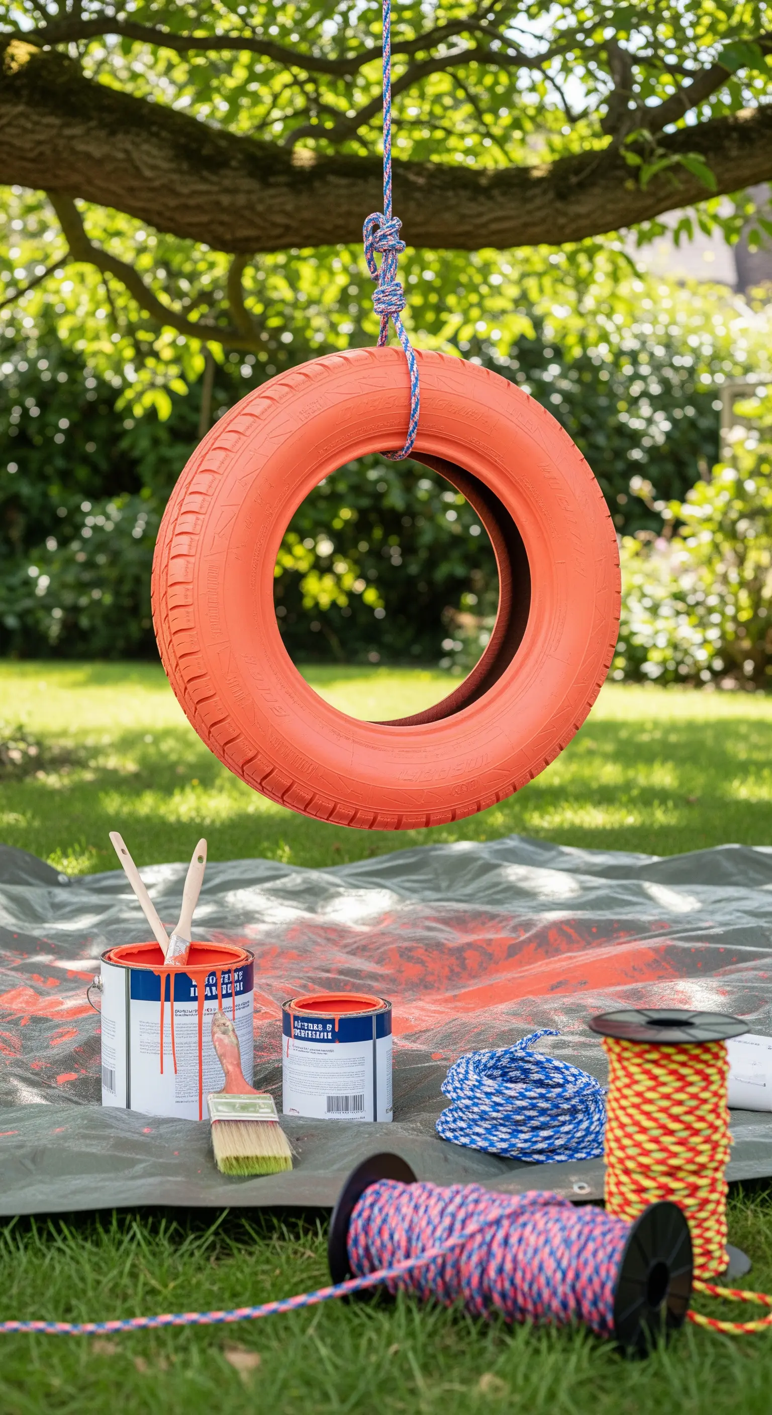 Materiali per un progetto fai-da-te: pneumatico, barattoli di vernice arancione e corde colorate.