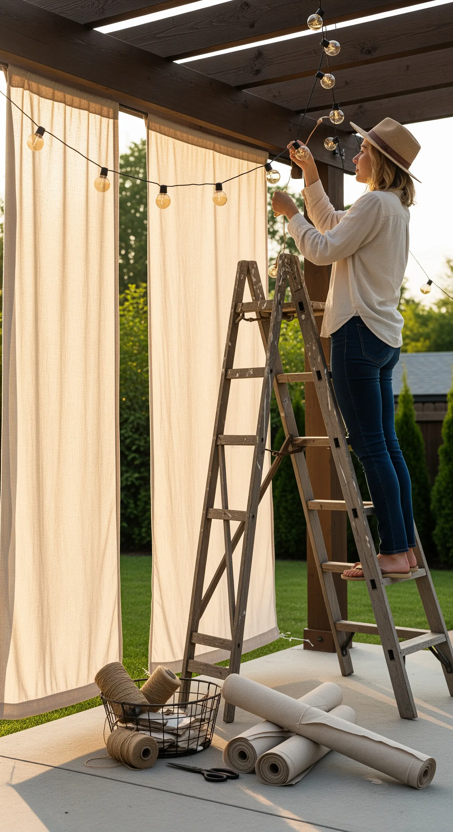 Donna su una scala che appende una catena di lampadine a un pergolato.