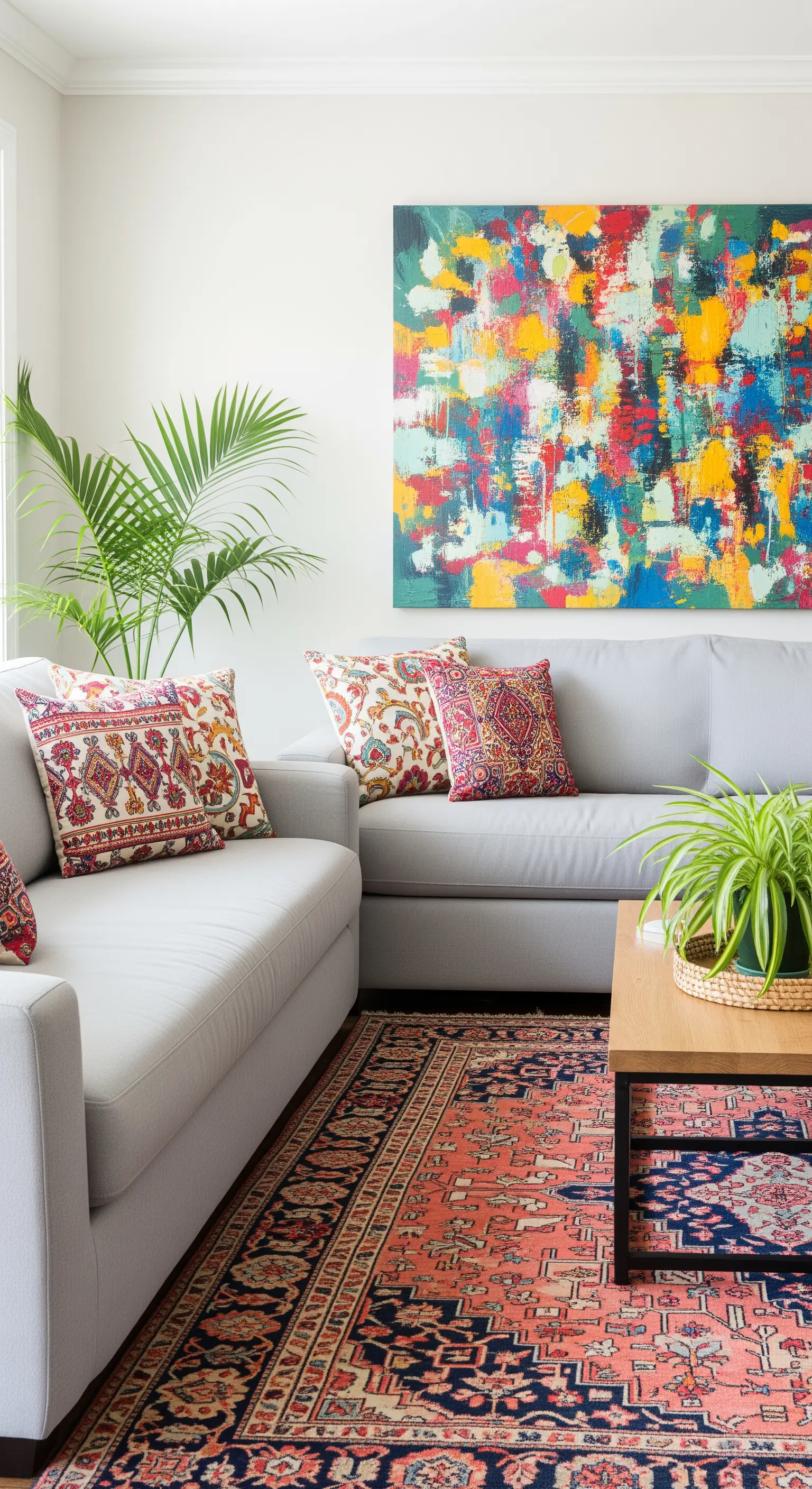 Salotto con tappeto persiano, divano grigio con cuscini etnici e un quadro astratto.