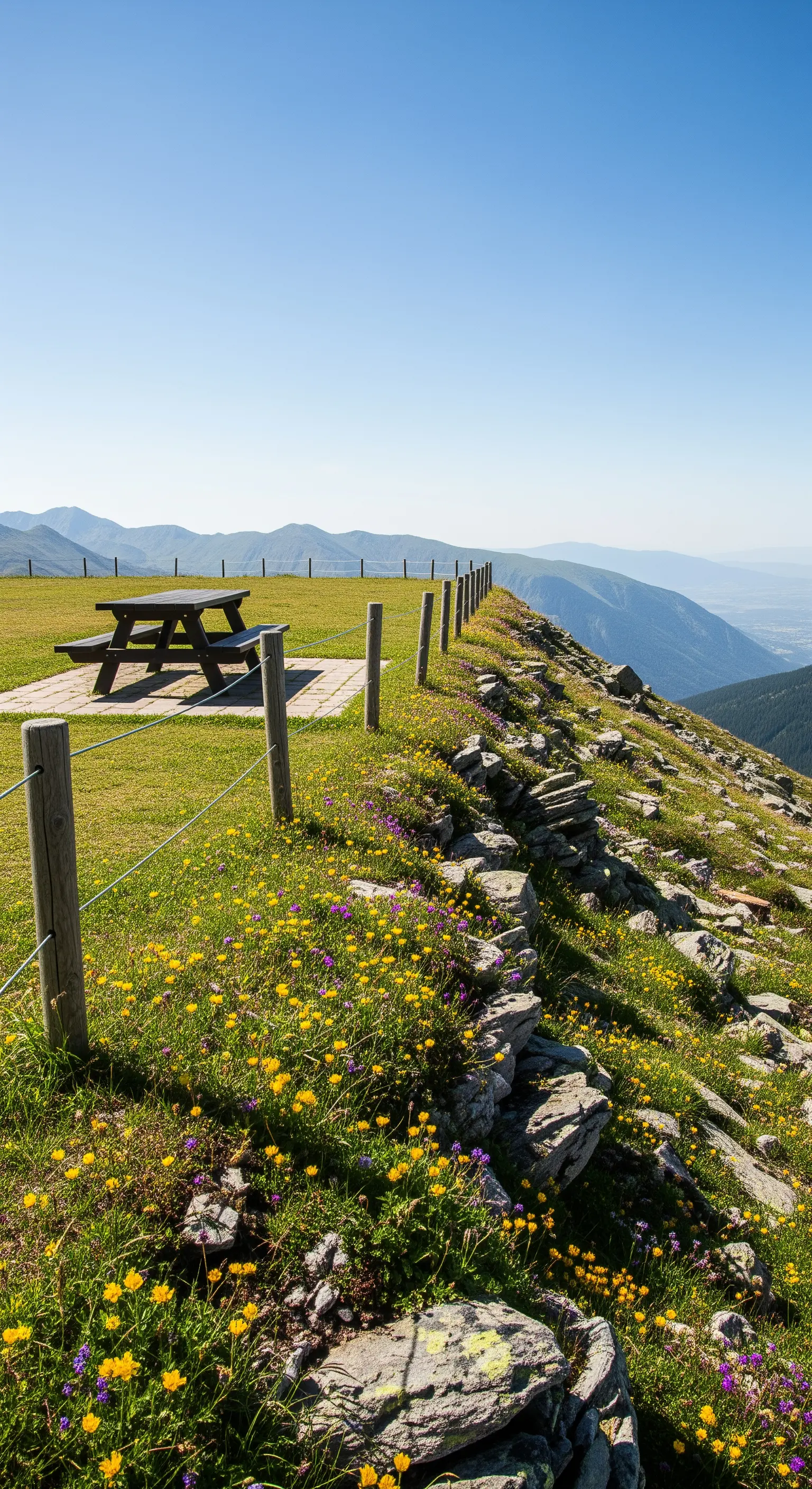 Tavolo da picnic su un altopiano erboso con vista sulle montagne e una recinzione bassa.