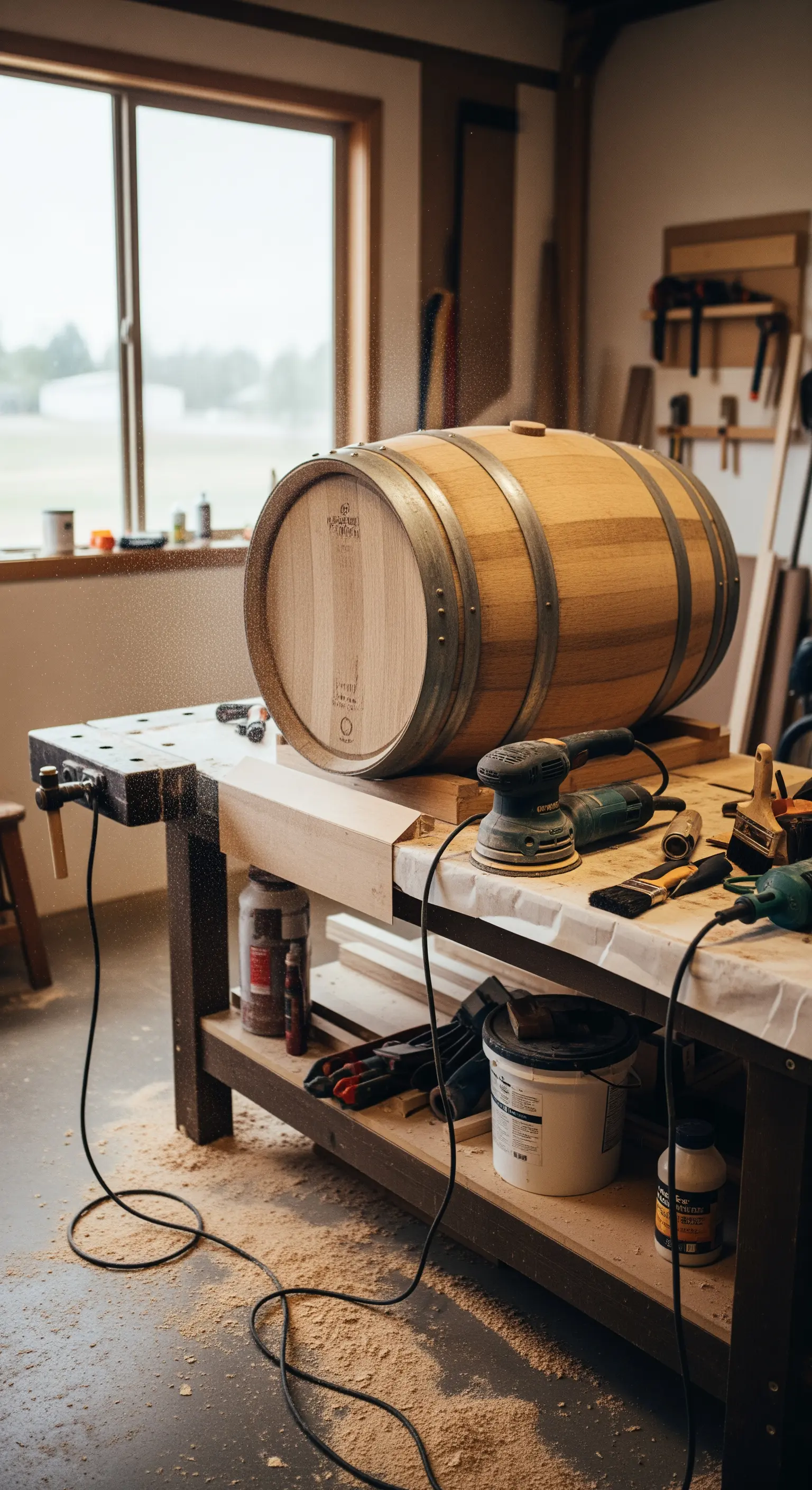 Botte di vino su un banco da lavoro in un'officina, in fase di levigatura.